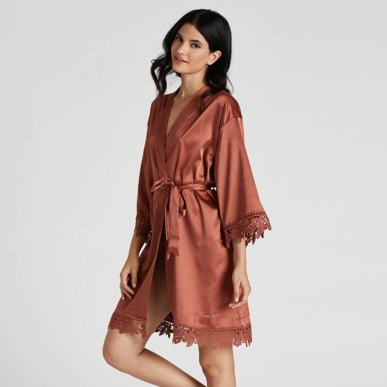 Satin Lace Robe in rust by Birdy Grey, front view