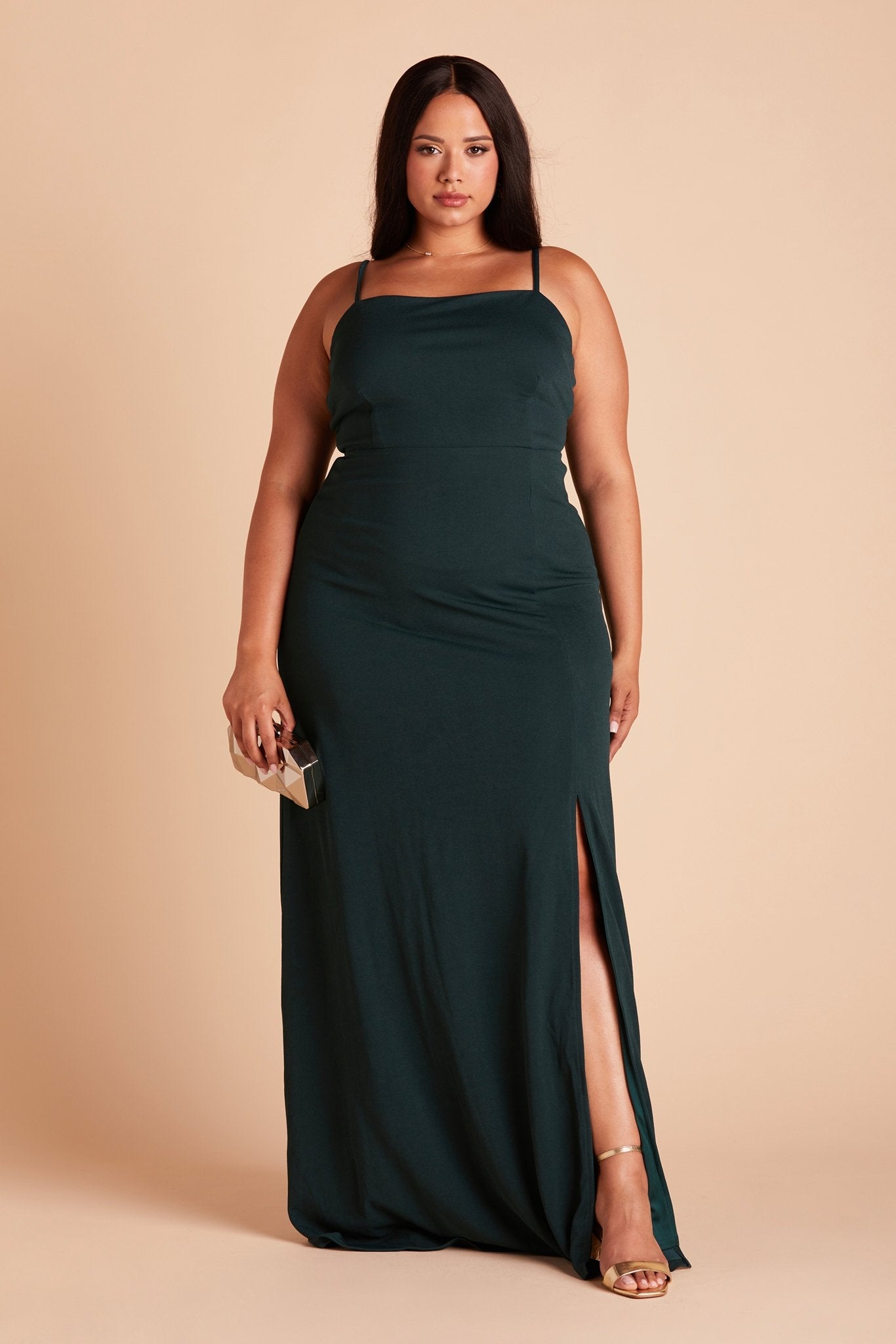 Benny plus size bridesmaid dress with slit in emerald green crepe by Birdy Grey, front view