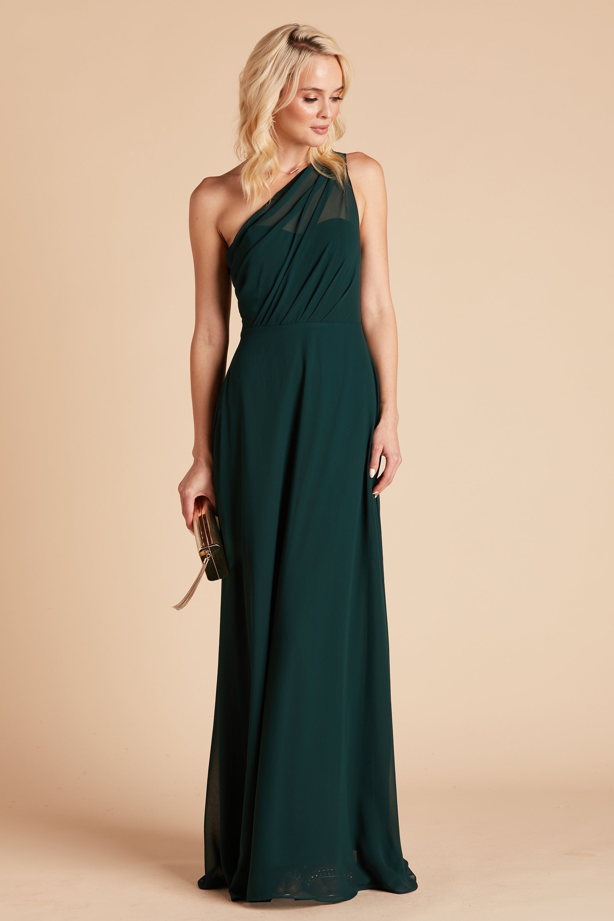 Kira bridesmaid dress in emerald chiffon by Birdy Grey, front view