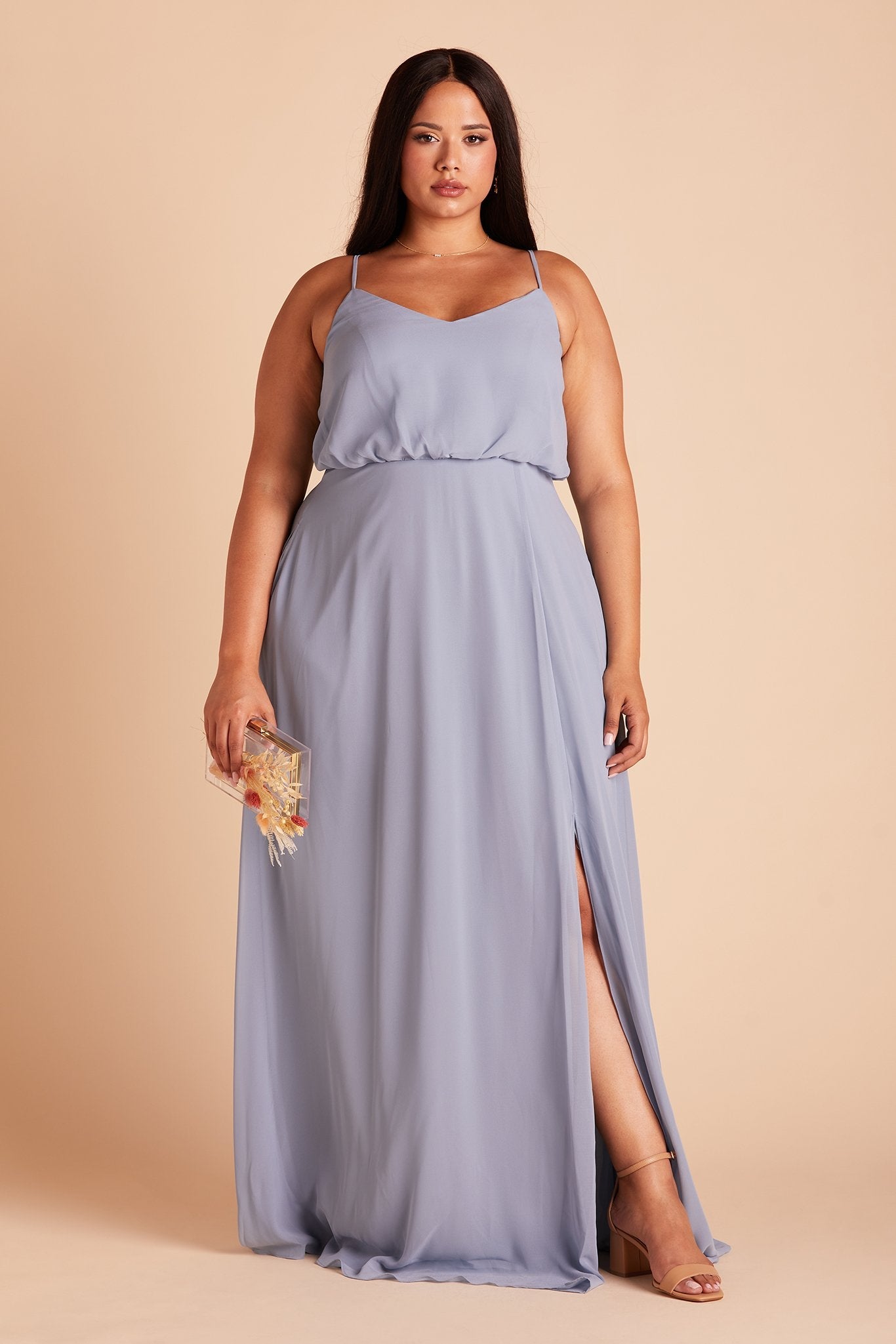 Gwennie plus size bridesmaid dress with slit in dusty blue chiffon by Birdy Grey, front view