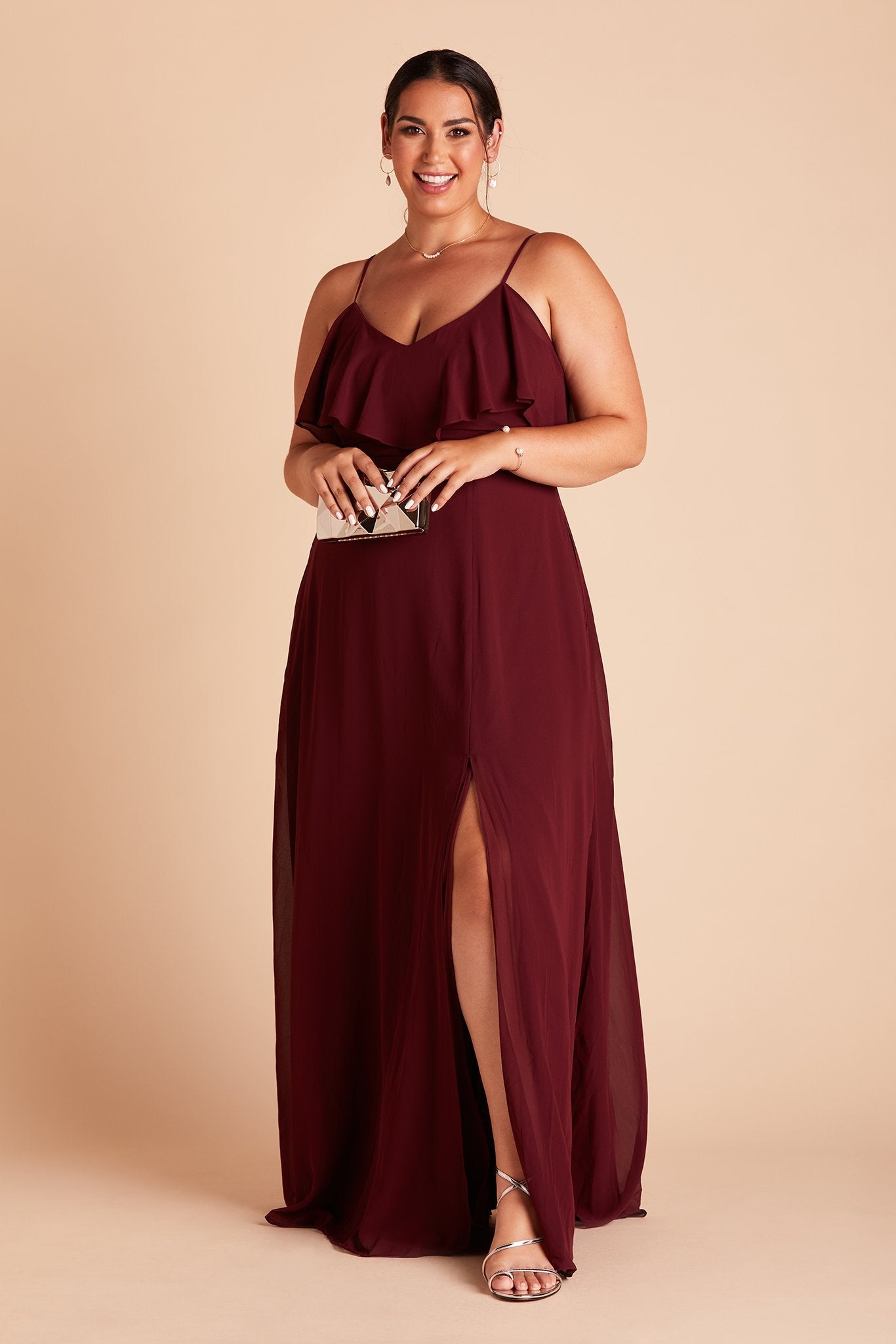 Jane convertible plus size bridesmaid dress with slit in Cabernet Burgundy chiffon by Birdy Grey, front view