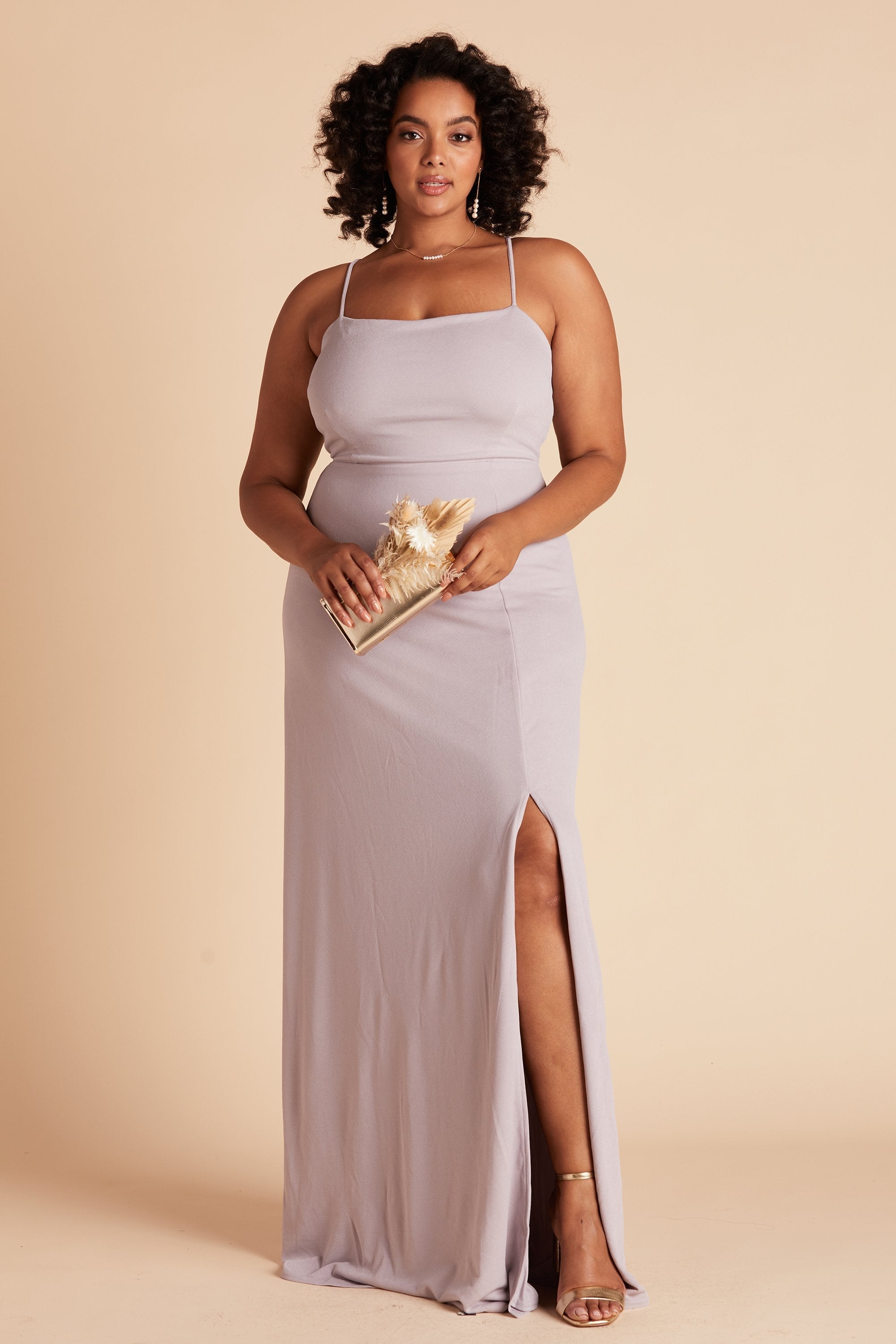 Benny plus size bridesmaid dress with slit in lilac purple crepe by Birdy Grey, front view