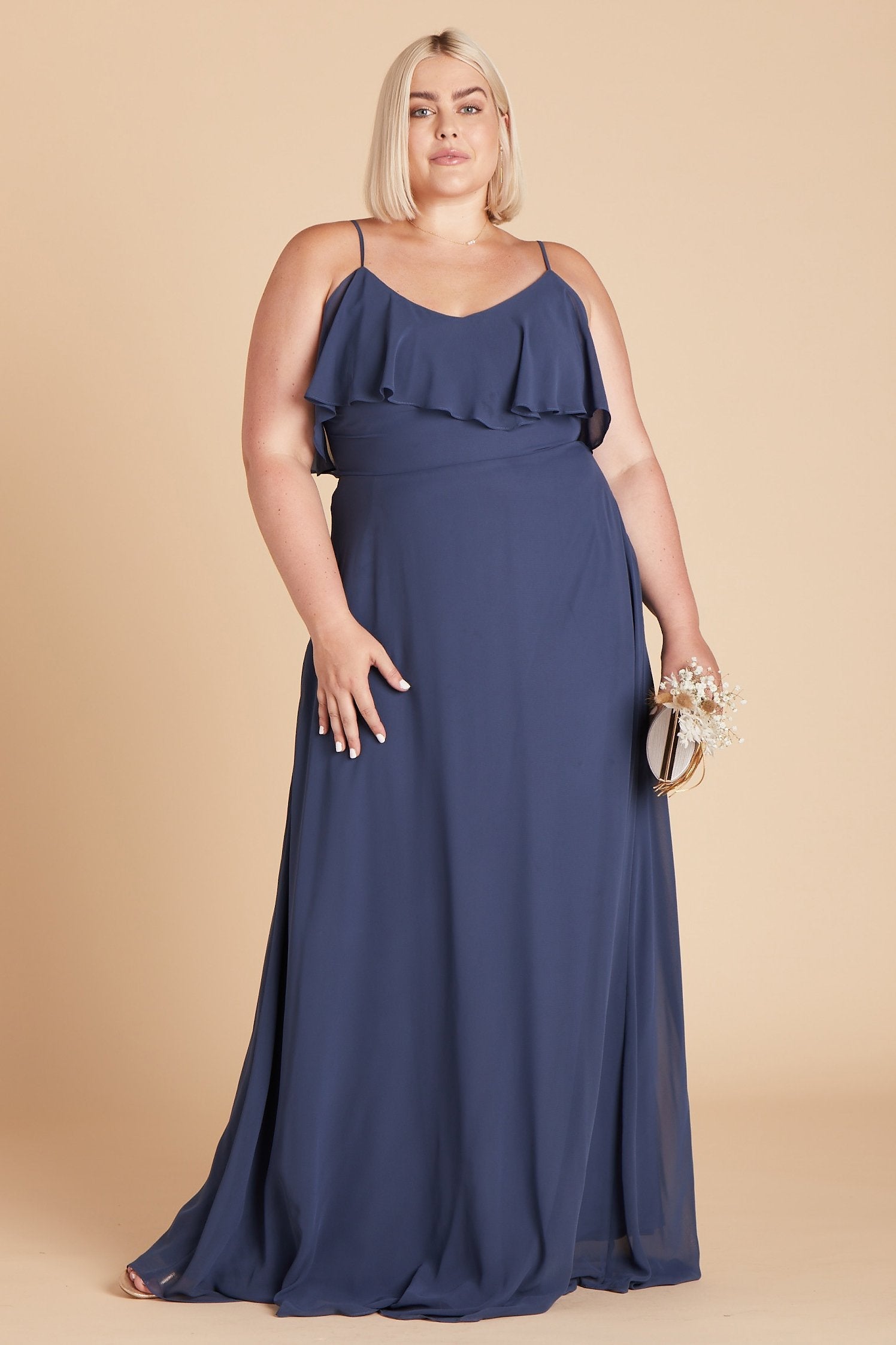 Jane convertible plus size bridesmaid dress in slate blue chiffon by Birdy Grey, front view