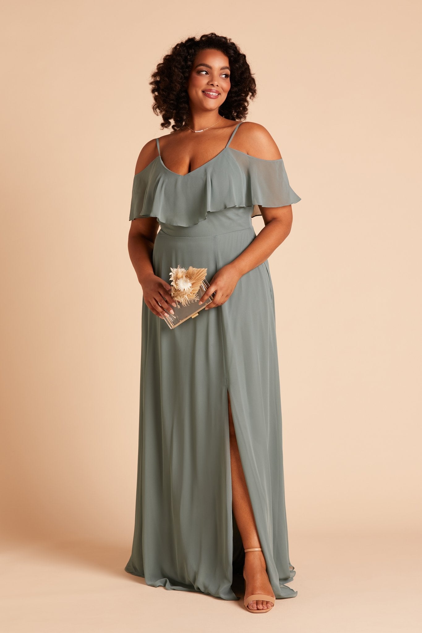 Jane convertible plus size bridesmaid dress with slit in sea glass green chiffon by Birdy Grey, front view