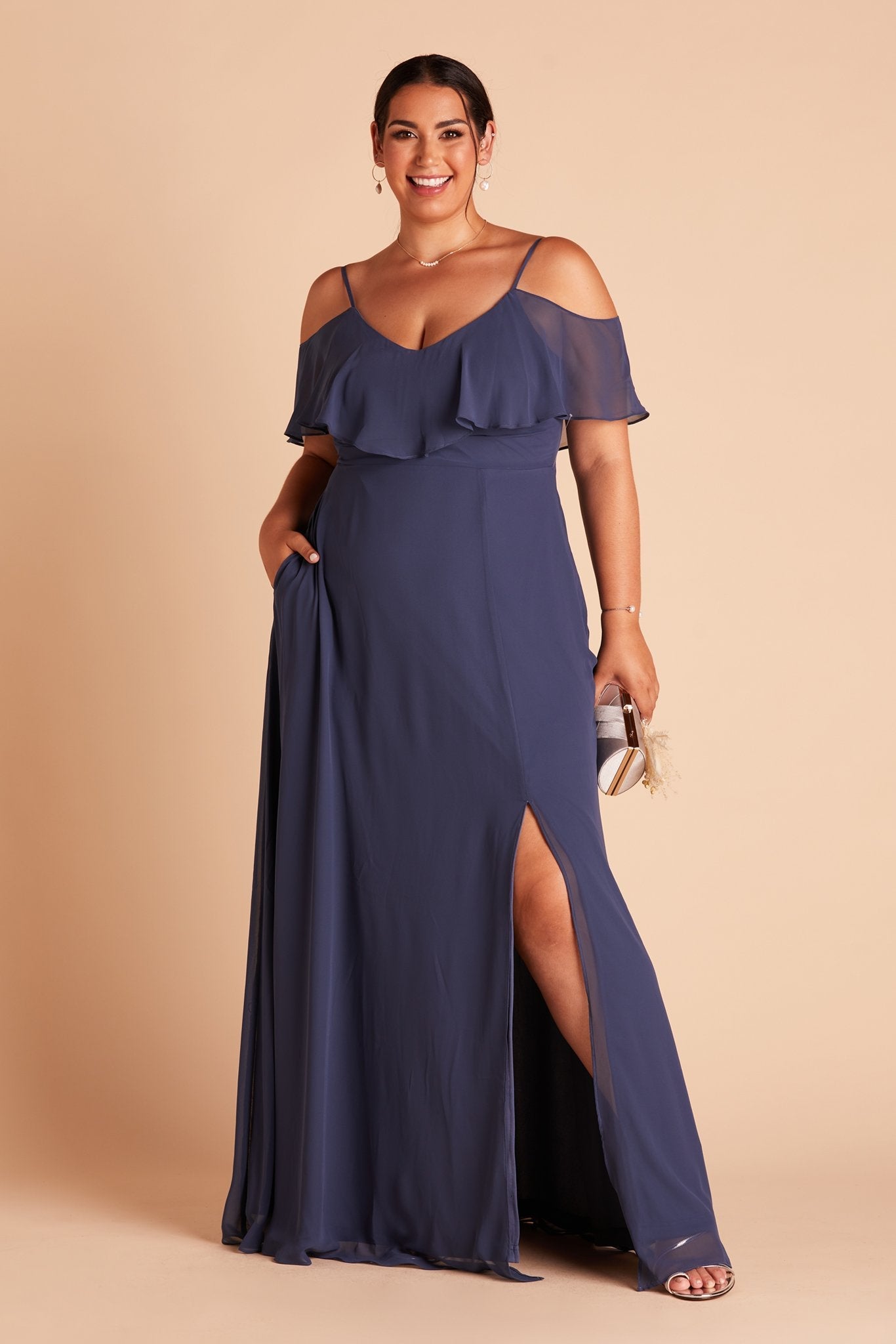 Jane convertible plus size bridesmaid dress with slit in slate blue chiffon by Birdy Grey, front view