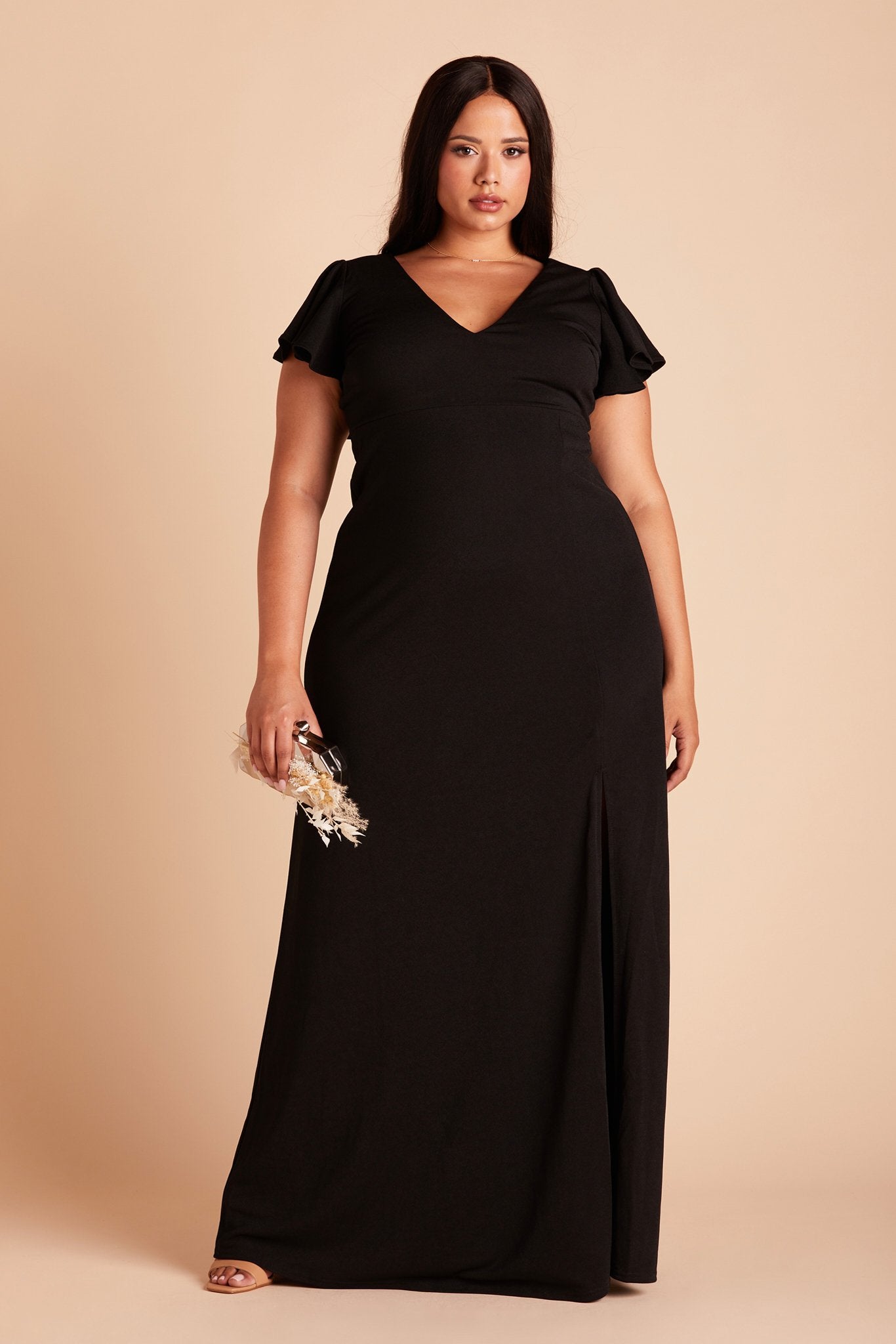 Hannah plus size bridesmaid dress with slit in black crepe by Birdy Grey, front view