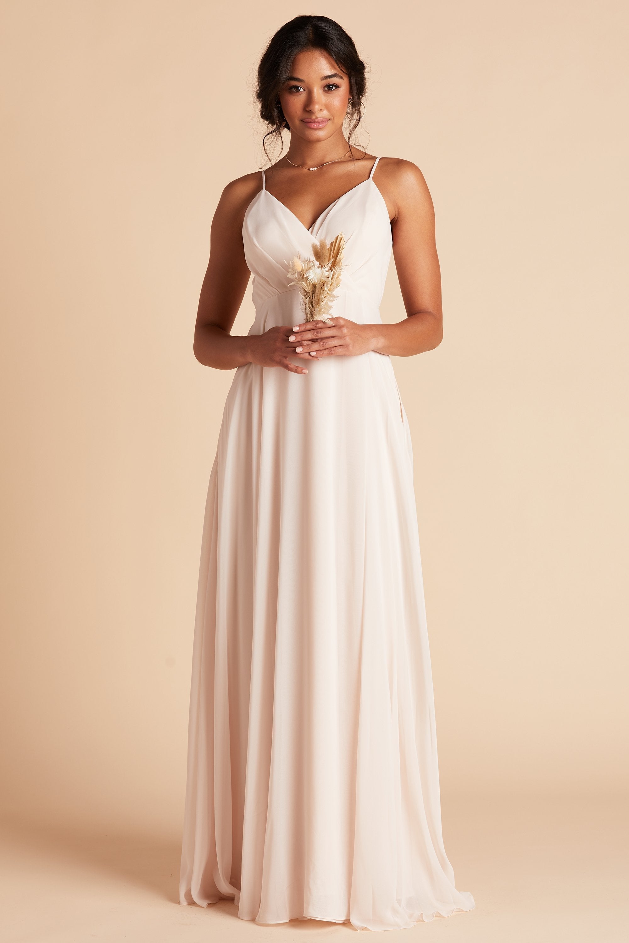 Kaia bridesmaids dress in champagne chiffon by Birdy Grey, front view