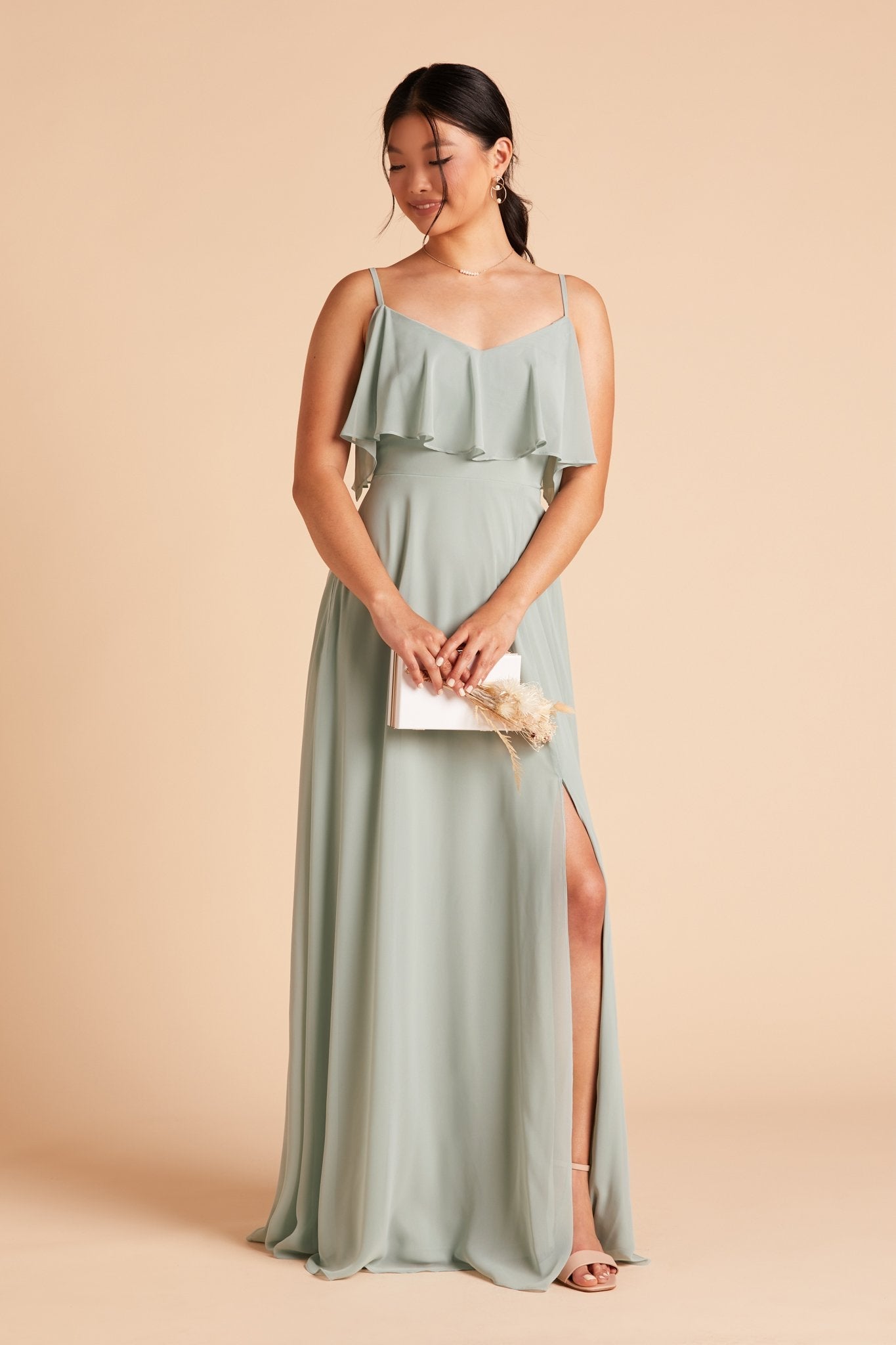 Jane convertible bridesmaid dress with slit in sage green chiffon by Birdy Grey, front view