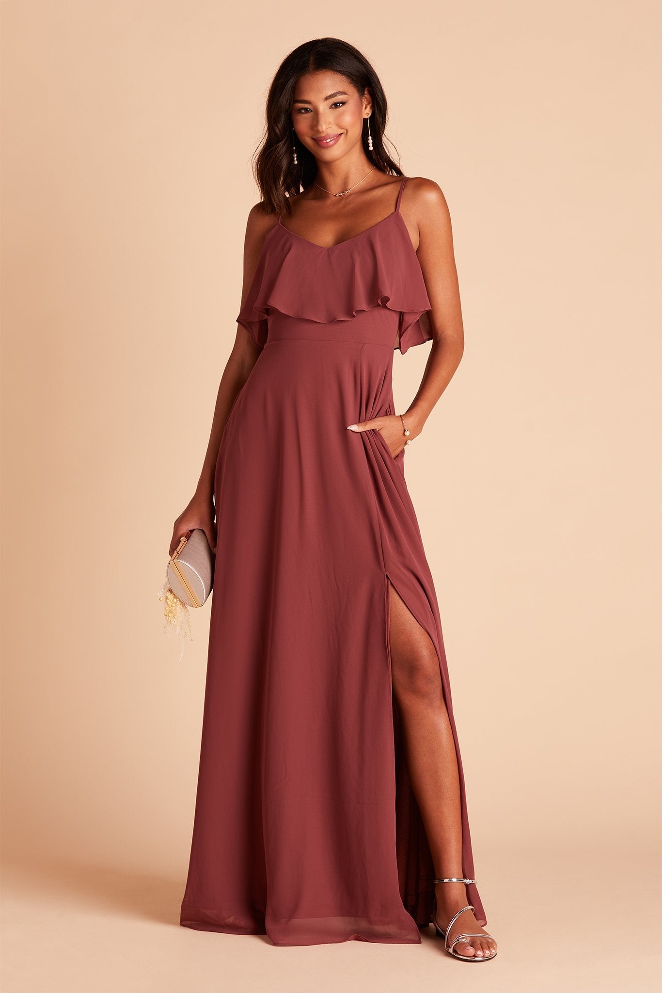 Jane convertible bridesmaid dress with slit in rosewood chiffon by Birdy Grey, front view with hand in pocket