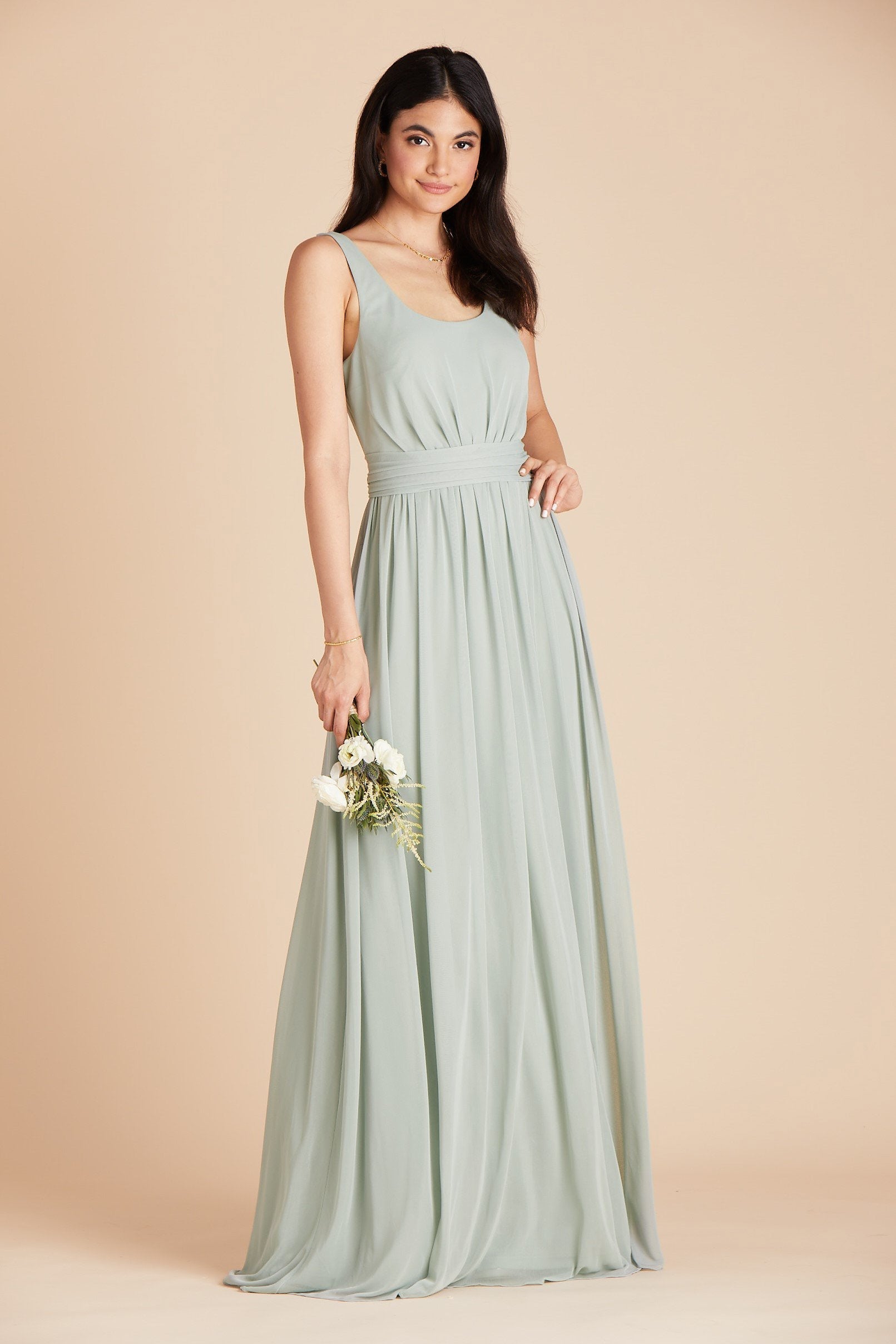 Jan bridesmaid dress in sage green mesh by Birdy Grey, front view