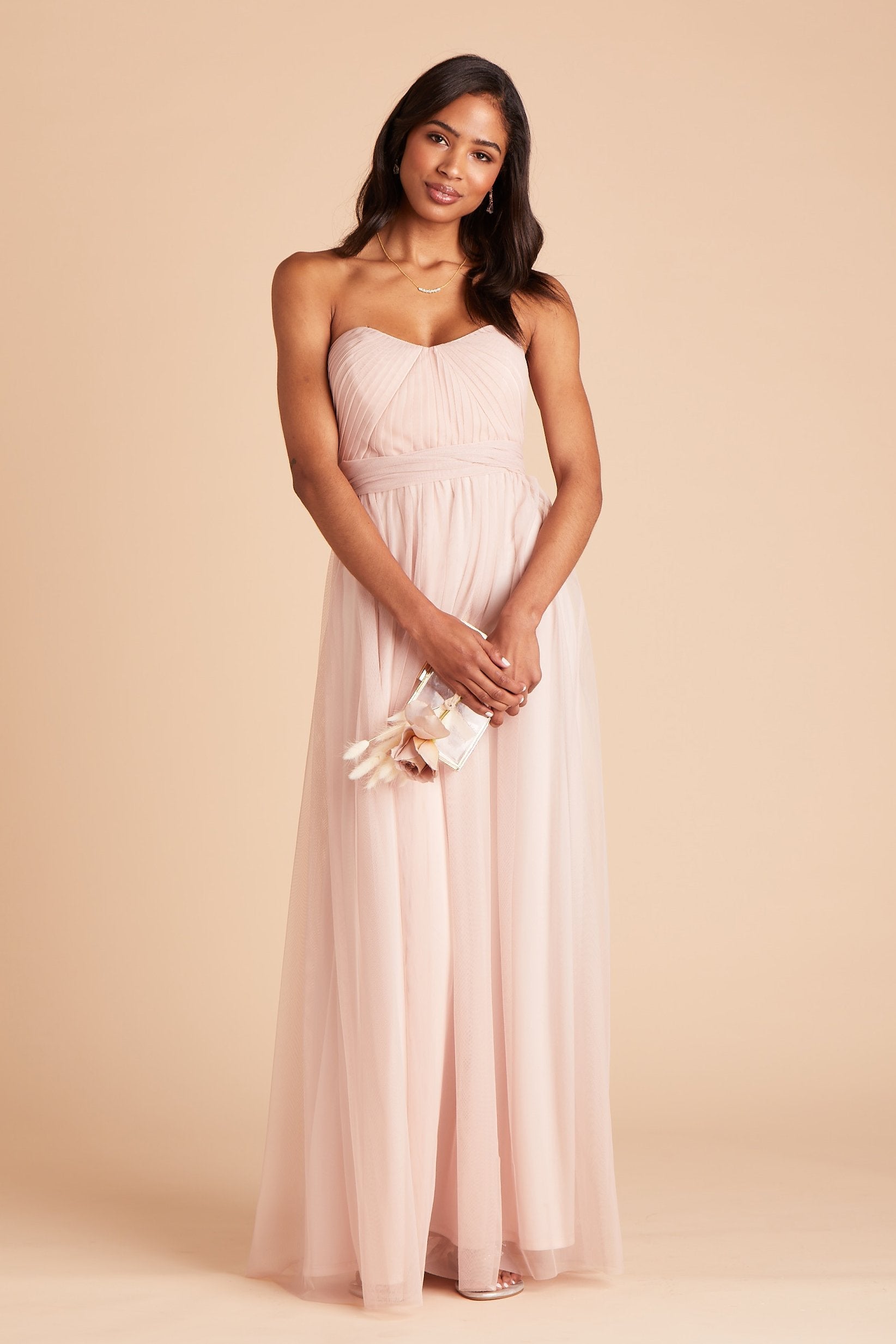 Christina convertible bridesmaid dress in vintage blush tulle by Birdy Grey, front view