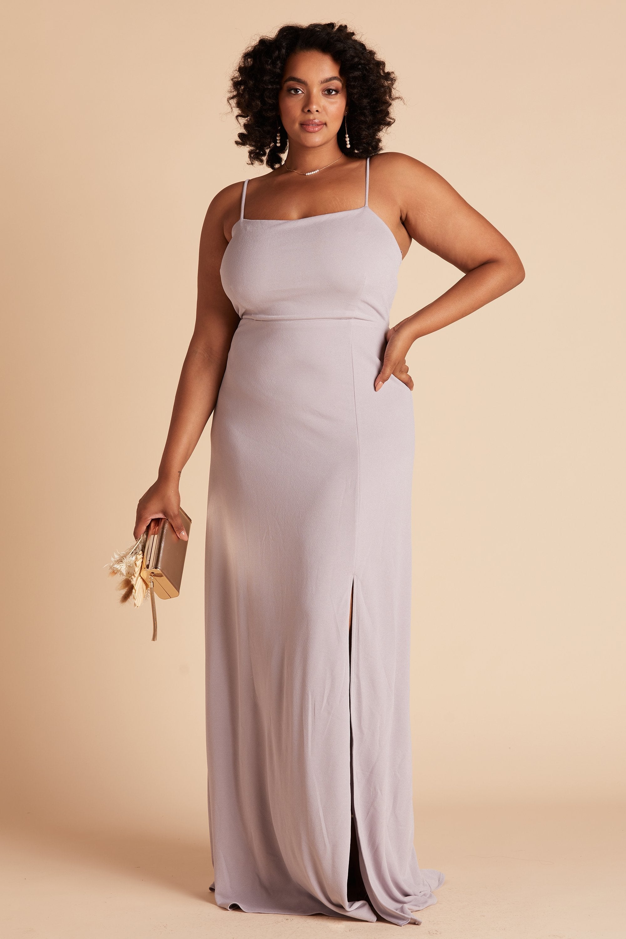 Benny plus size bridesmaid dress with slit in lilac purple crepe by Birdy Grey, front view