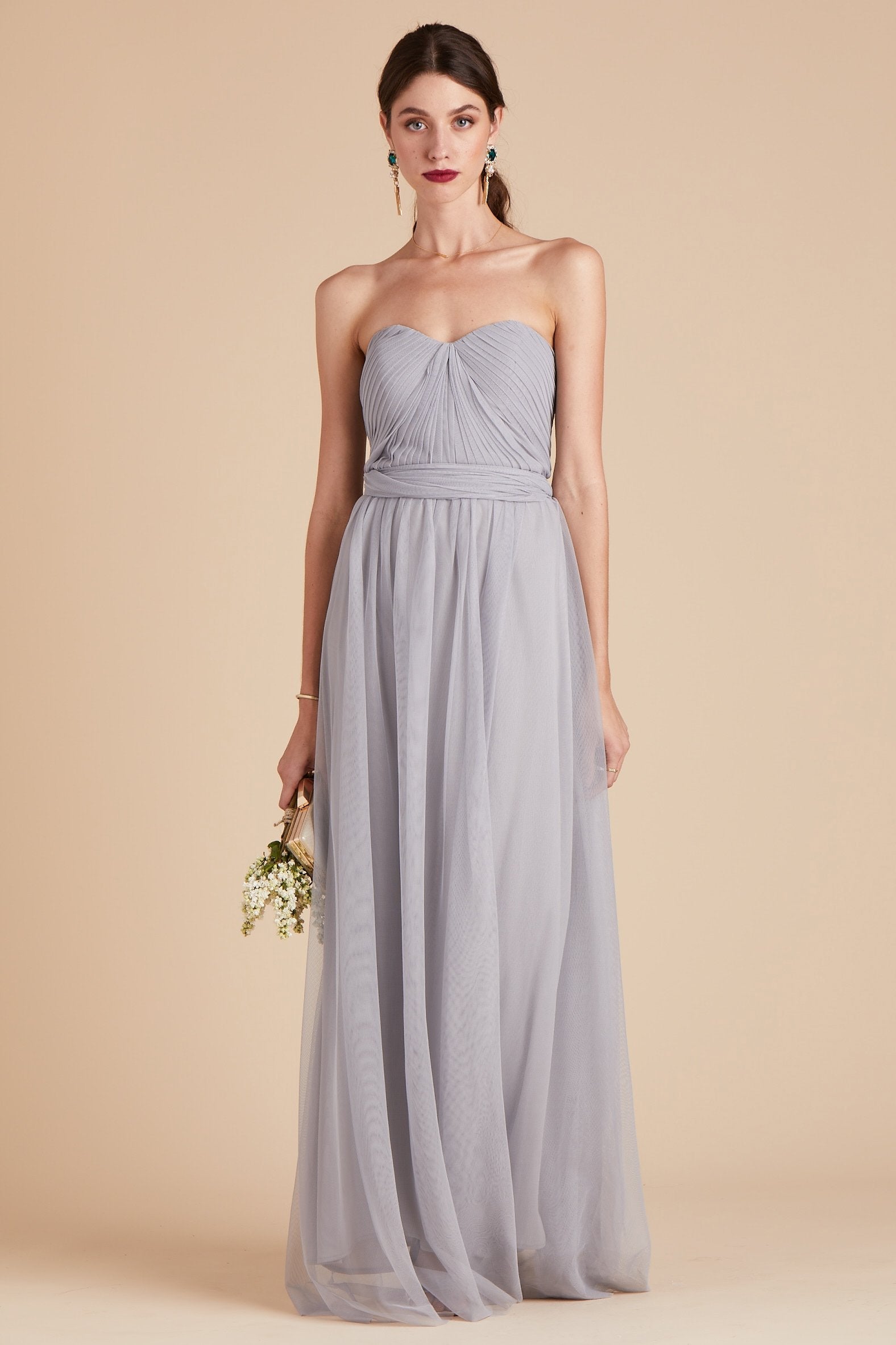 Christina convertible bridesmaid dress in silver tulle by Birdy Grey, front view