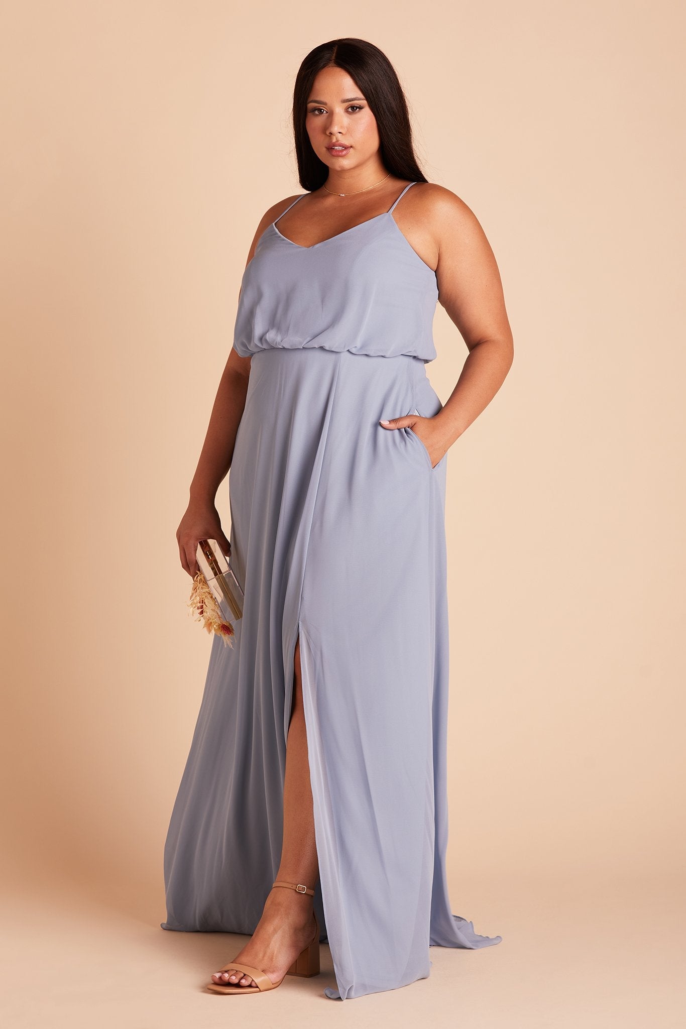 Gwennie plus size bridesmaid dress with slit in dusty blue chiffon by Birdy Grey, side view