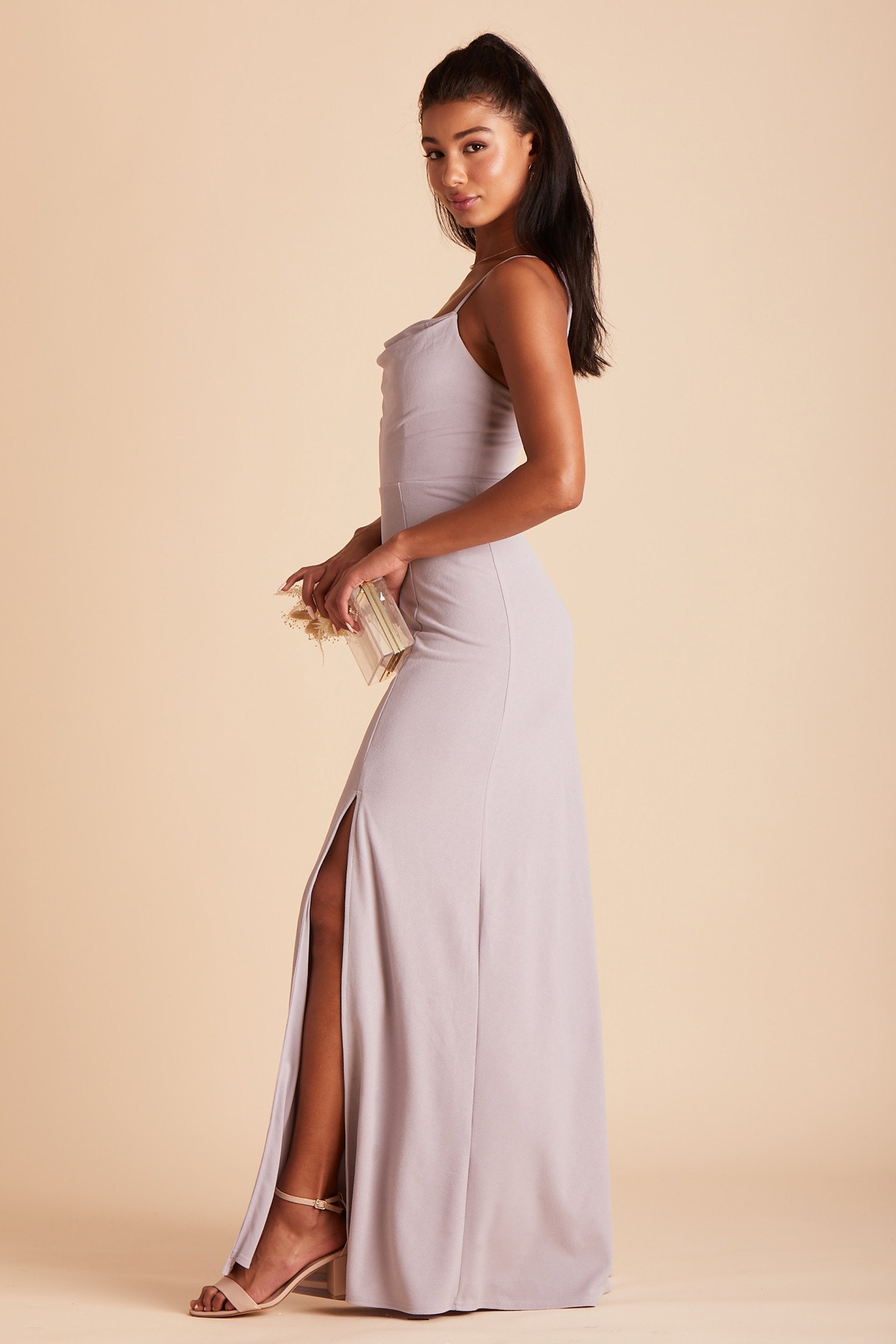 Ash bridesmaid dress with slit in lilac purple crepe by Birdy Grey, side view