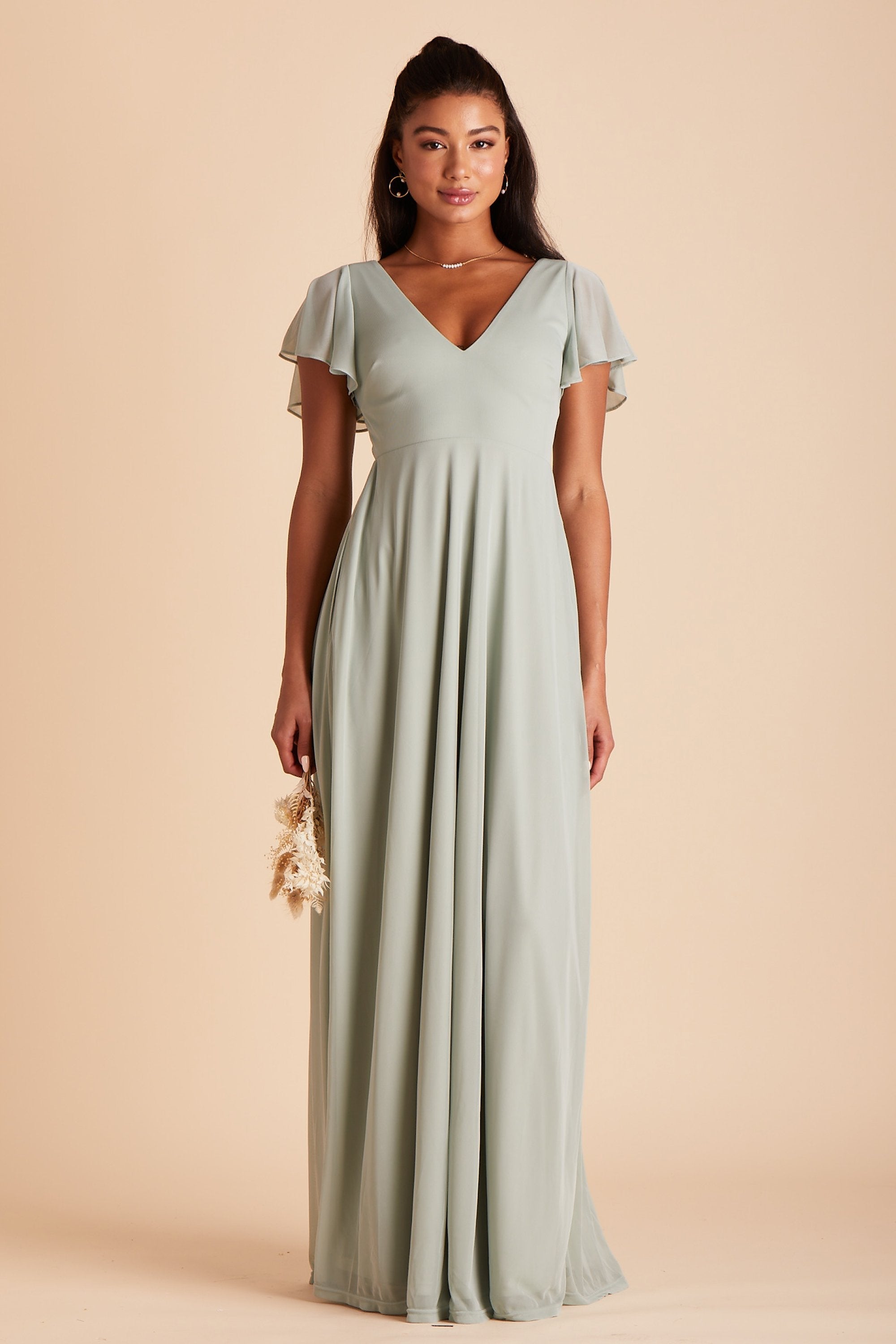 Hannah bridesmaids dress in sage green mesh by Birdy Grey, front view