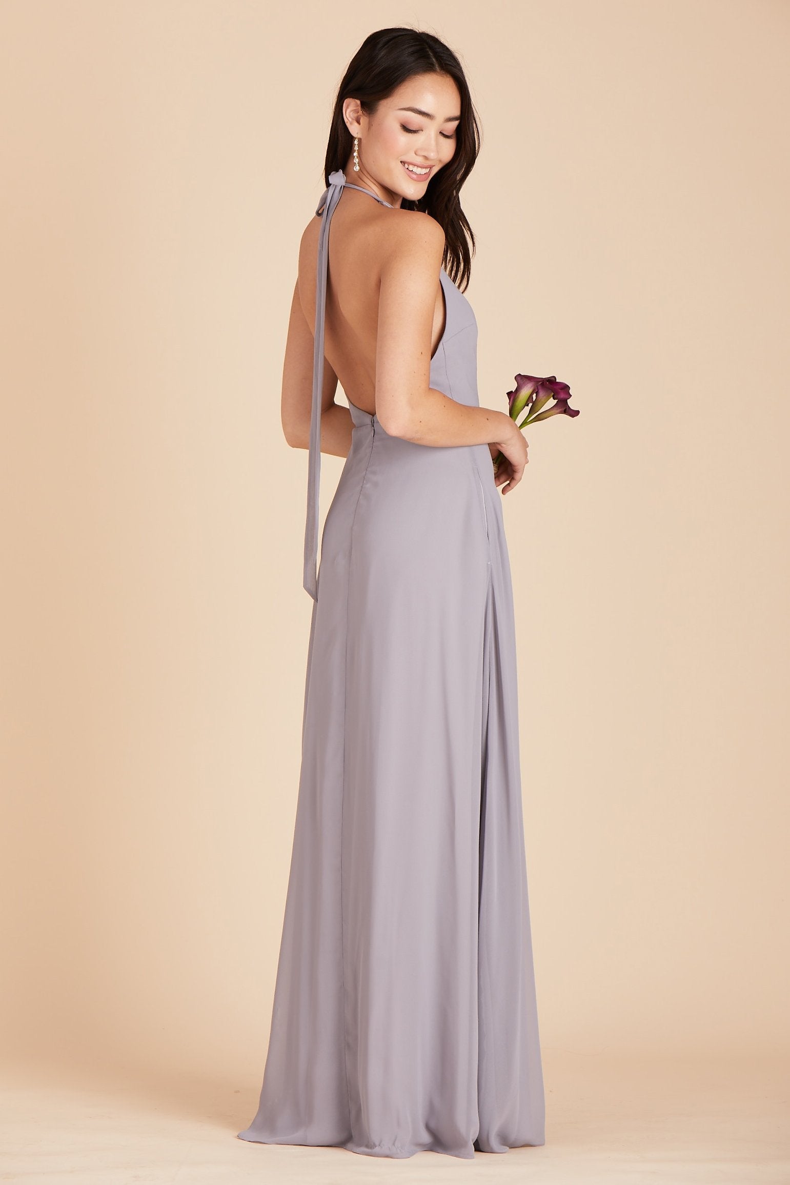 Moni convertible bridesmaids dress in silver chiffon by Birdy Grey, side view