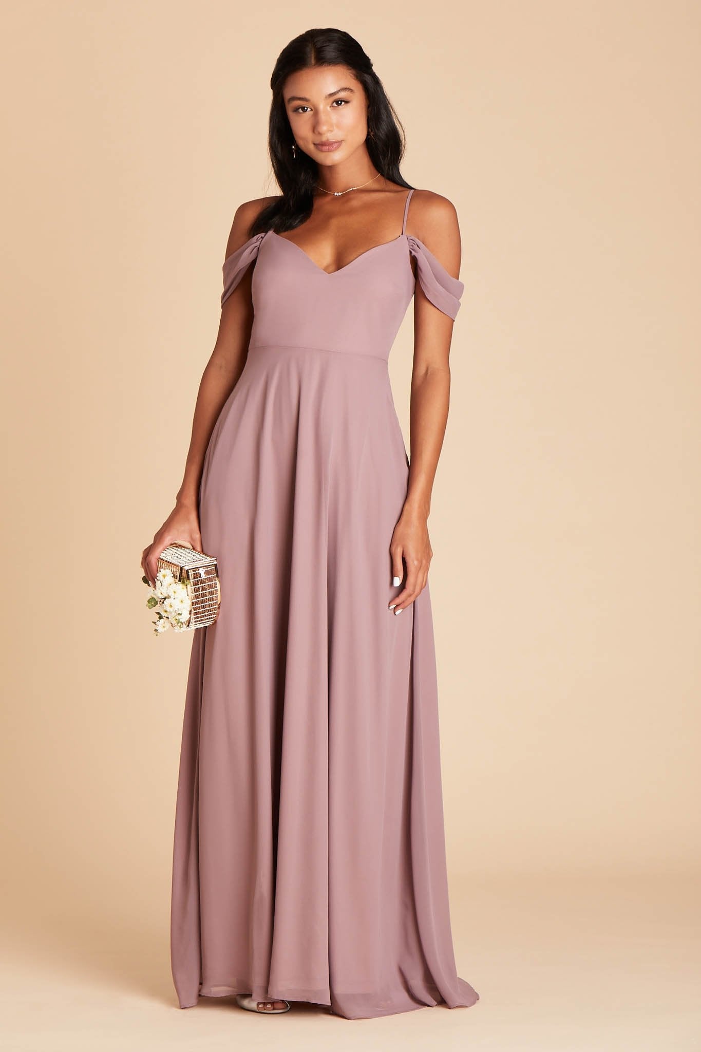 Devin convertible bridesmaid dress in dark mauve chiffon by Birdy Grey, front view