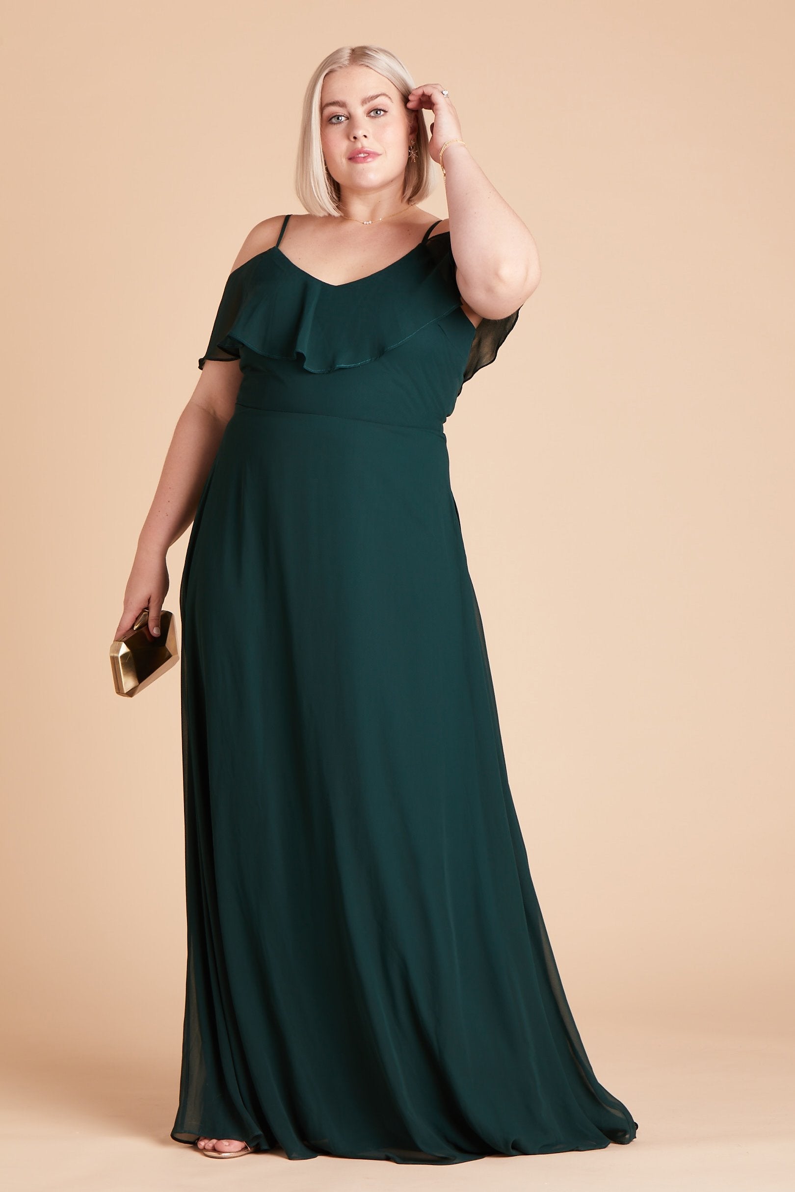 Jane convertible plus size bridesmaid dress in emerald green chiffon by Birdy Grey, front view