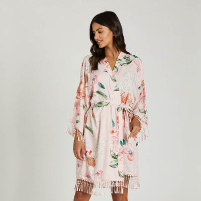 Floral Tassel Robe in blush pink by Birdy Grey, front view