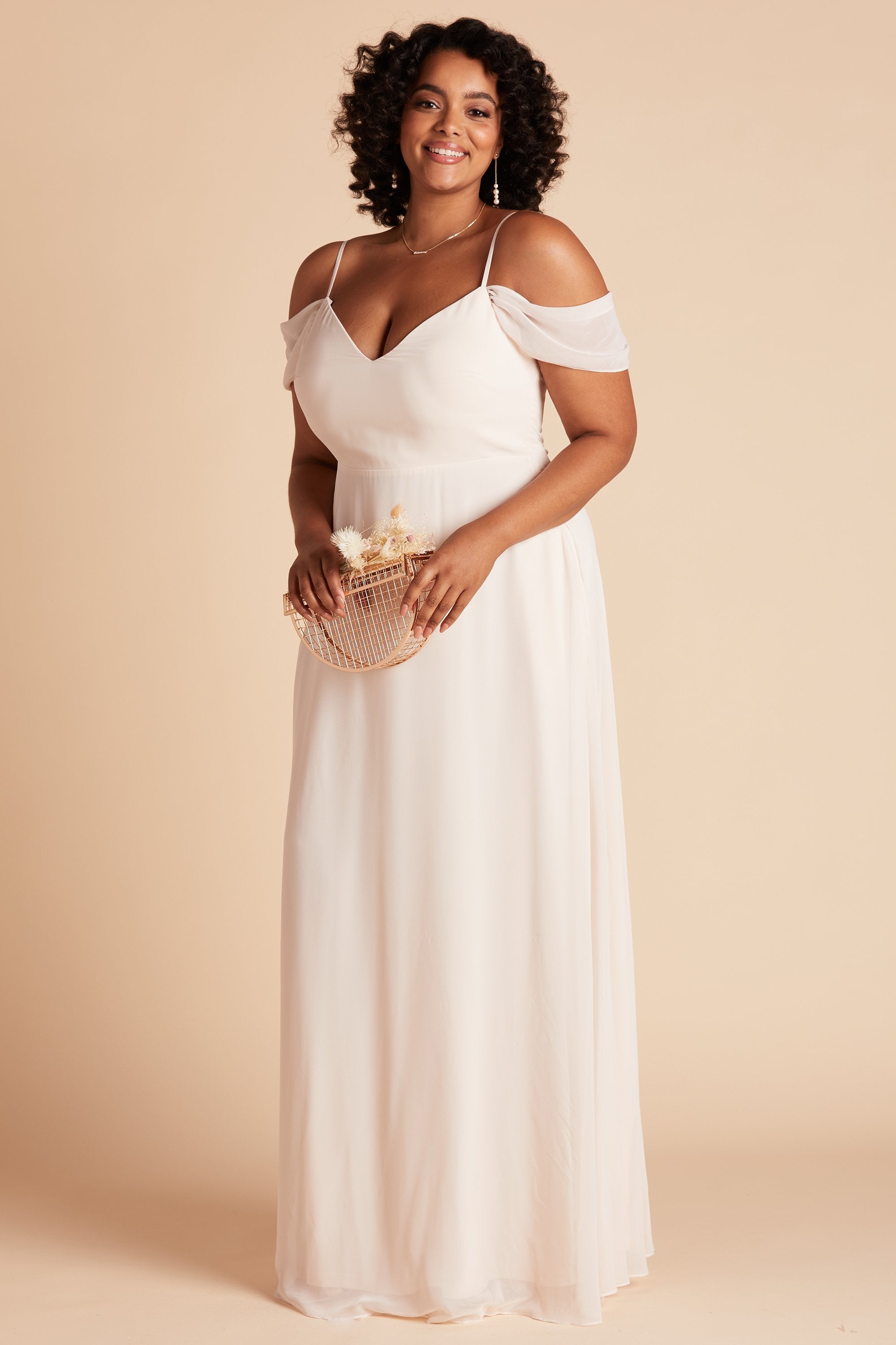 Devin convertible plus size bridesmaids dress in champagne chiffon by Birdy Grey, front view