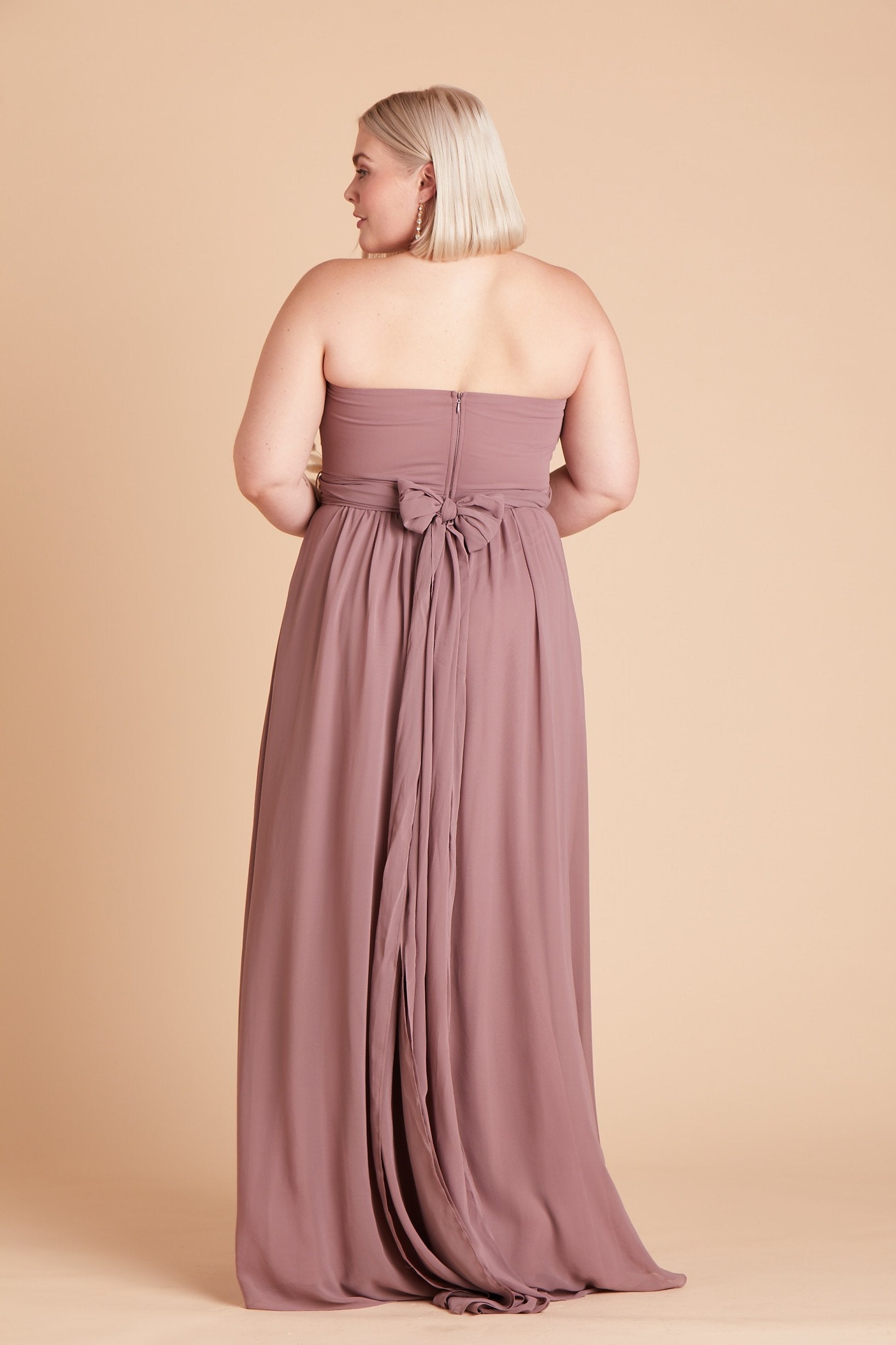 Grace convertible plus size bridesmaid dress in dark mauve chiffon by Birdy Grey, back view