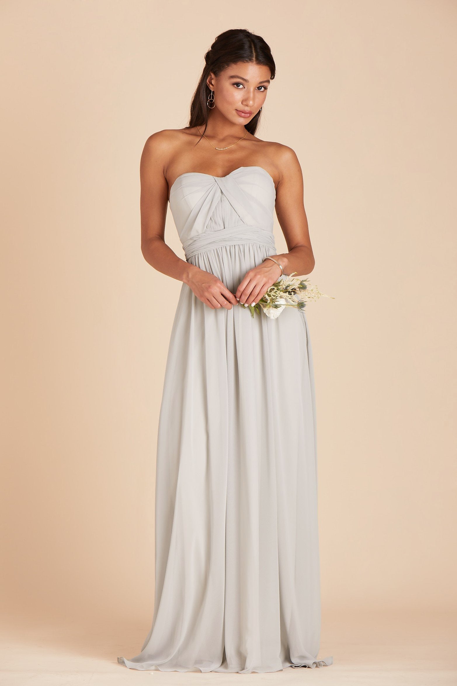 Grace convertible bridesmaid dress in dove gray chiffon by Birdy Grey, front view