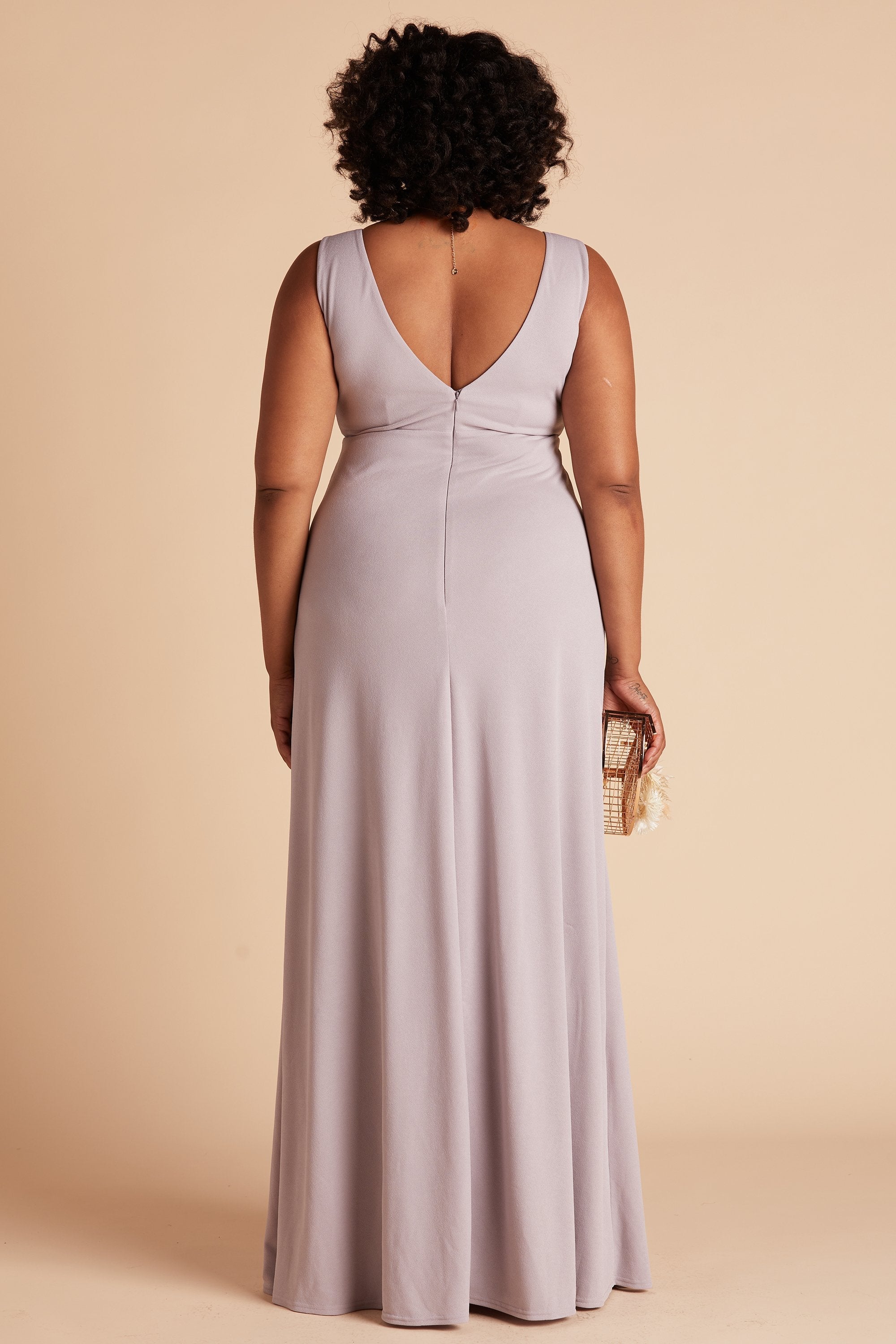 Shamin bridesmaid dress with slit in lilac purple crepe by Birdy Grey, back view