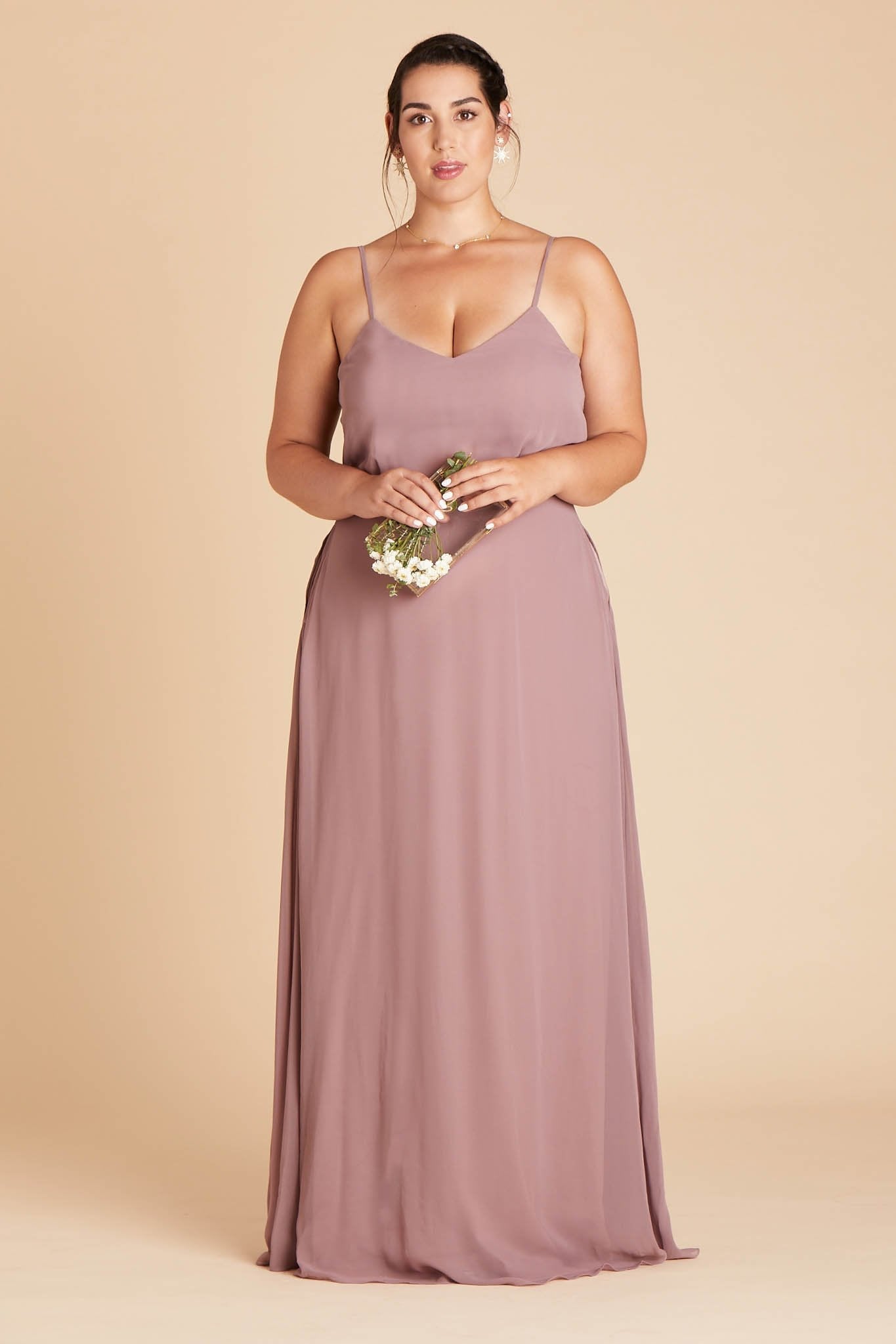 Gwennie plus size bridesmaid dress in dark mauve chiffon by Birdy Grey, front view