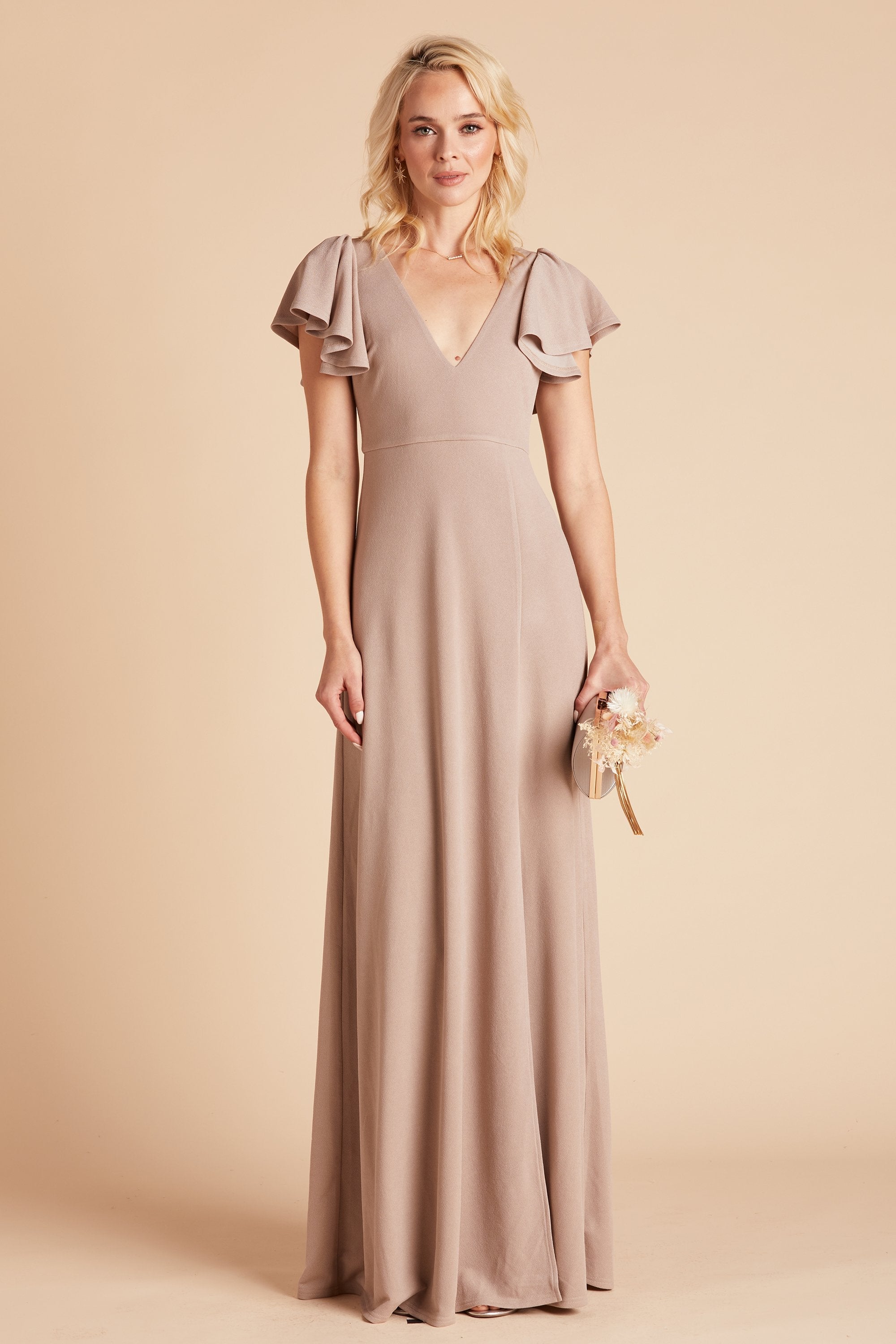 Hannah bridesmaid dress in taupe crepe by Birdy Grey, front view