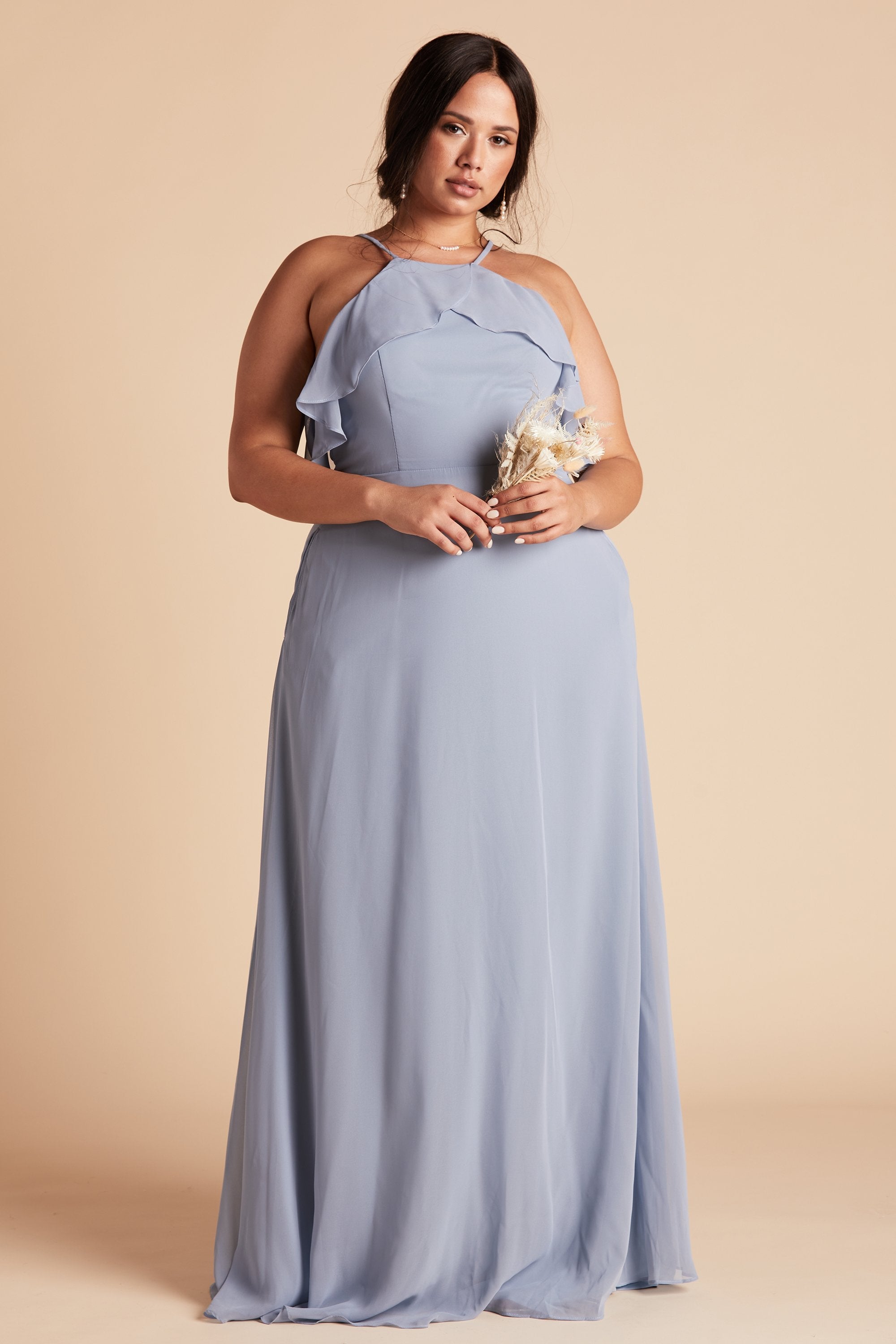 Jules plus size bridesmaid dress in dusty blue chiffon by Birdy Grey, front view