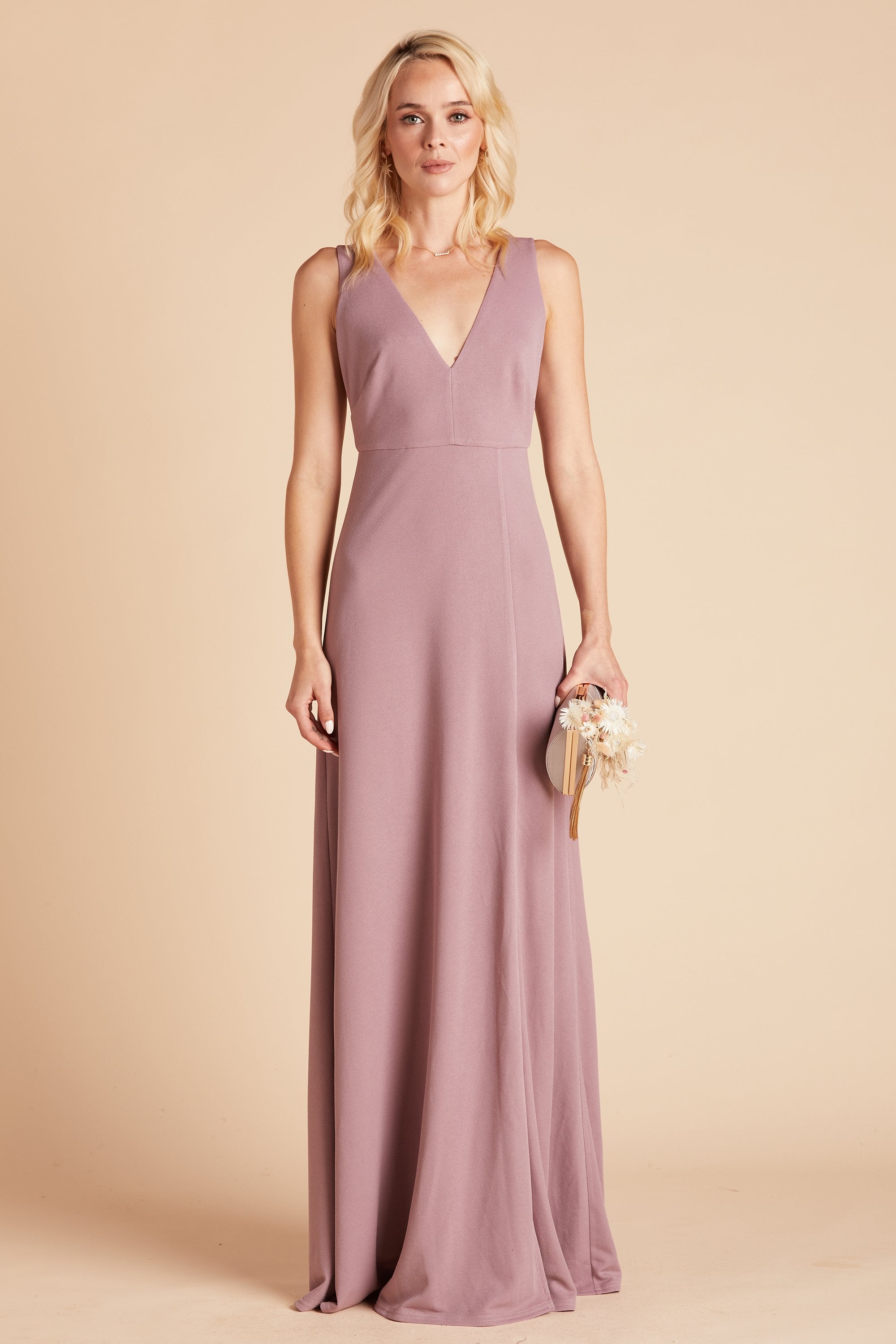 Shamin bridesmaid dress with slit in dark mauve crepe by Birdy Grey, front view