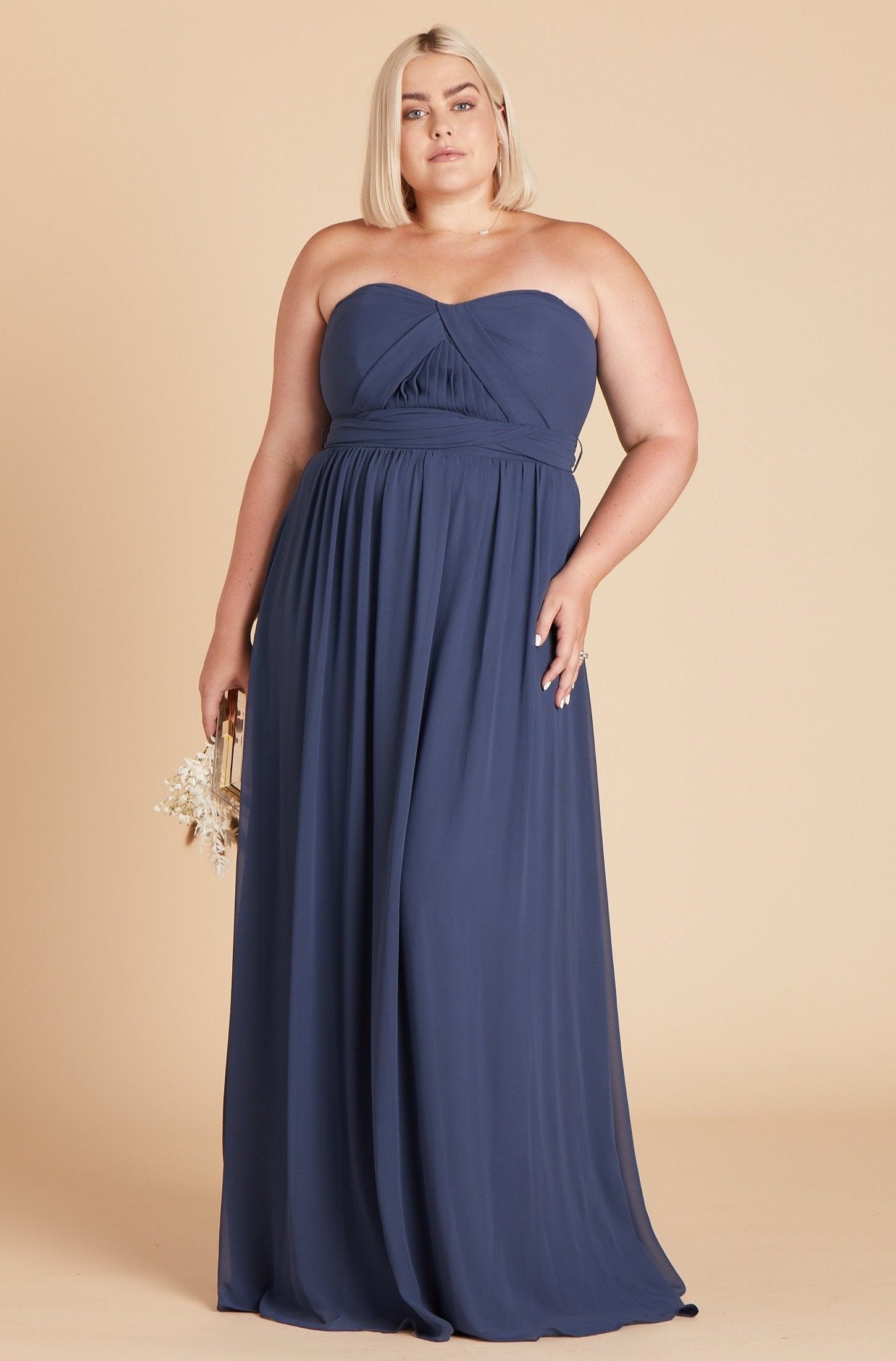 Grace convertible plus size bridesmaid dress in slate blue chiffon by Birdy Grey, front view