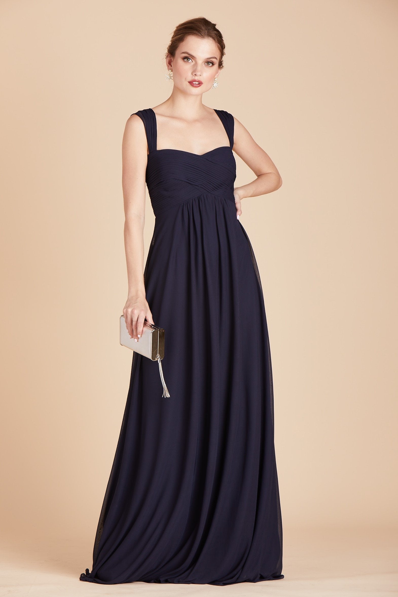 Maria convertible bridesmaids dress in navy blue chiffon by Birdy Grey, front view