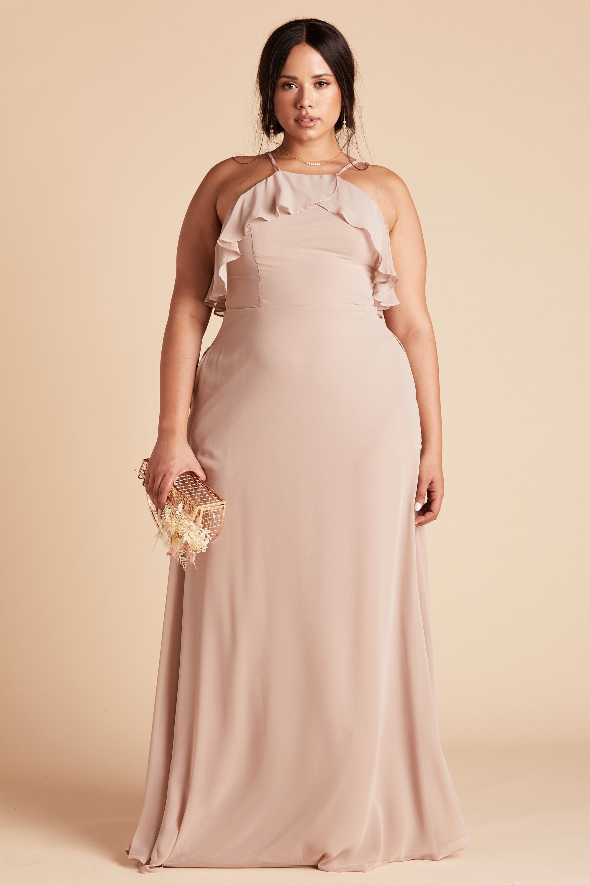 Jules plus size bridesmaid dress in taupe chiffon by Birdy Grey, front view