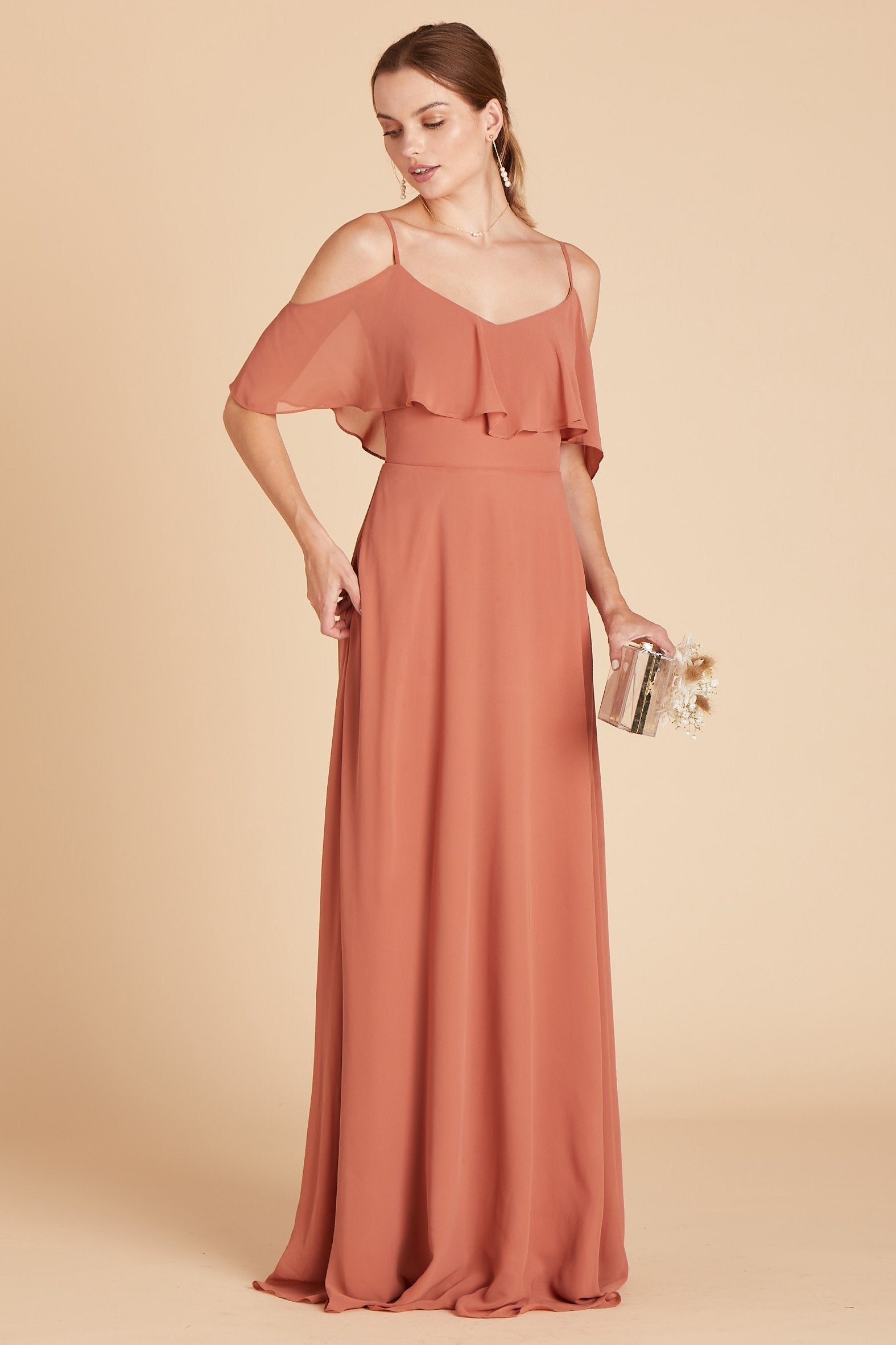 Jane convertible bridesmaid dress in terracotta orange chiffon by Birdy Grey, front view