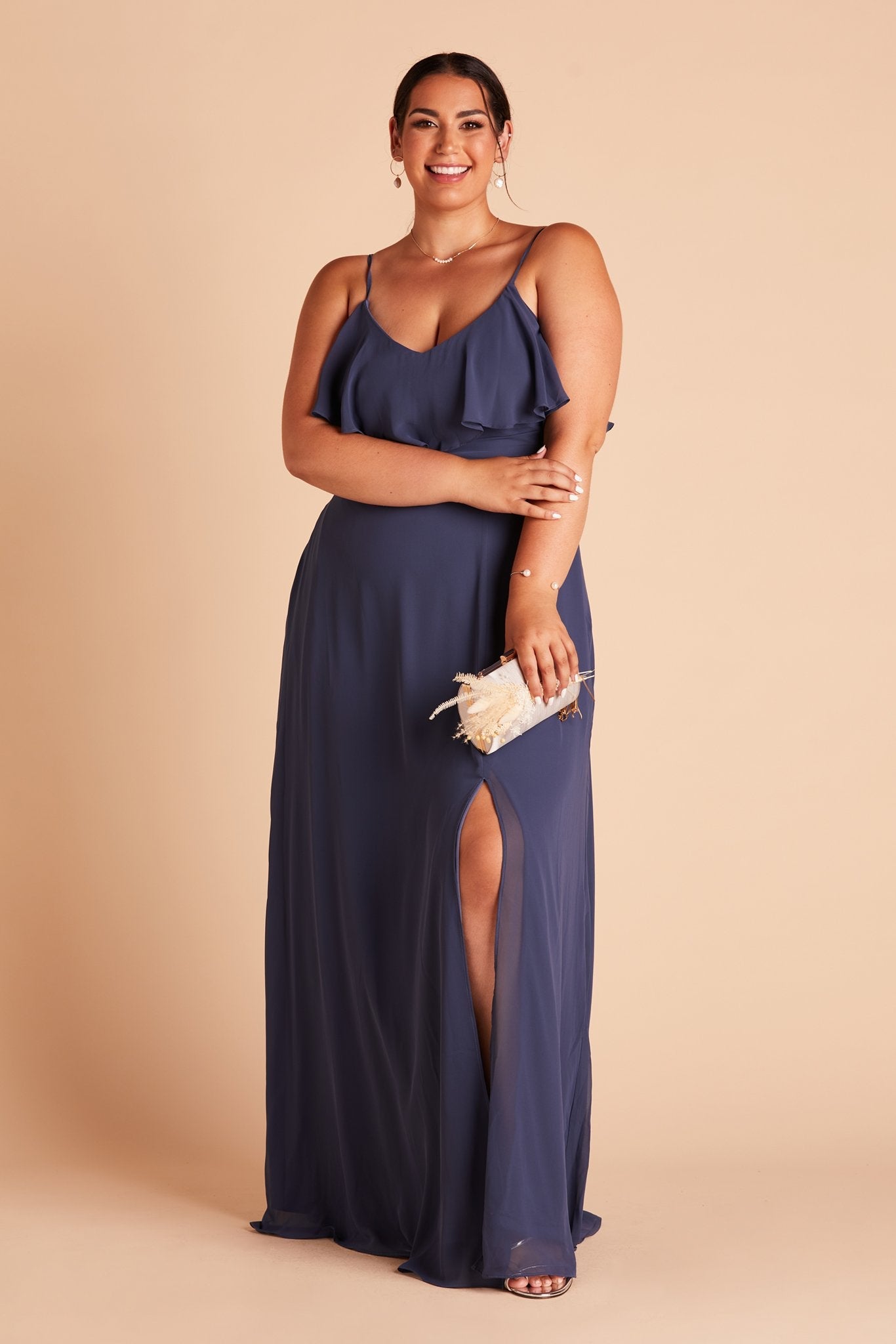 Jane convertible plus size bridesmaid dress with slit in slate blue chiffon by Birdy Grey, front view