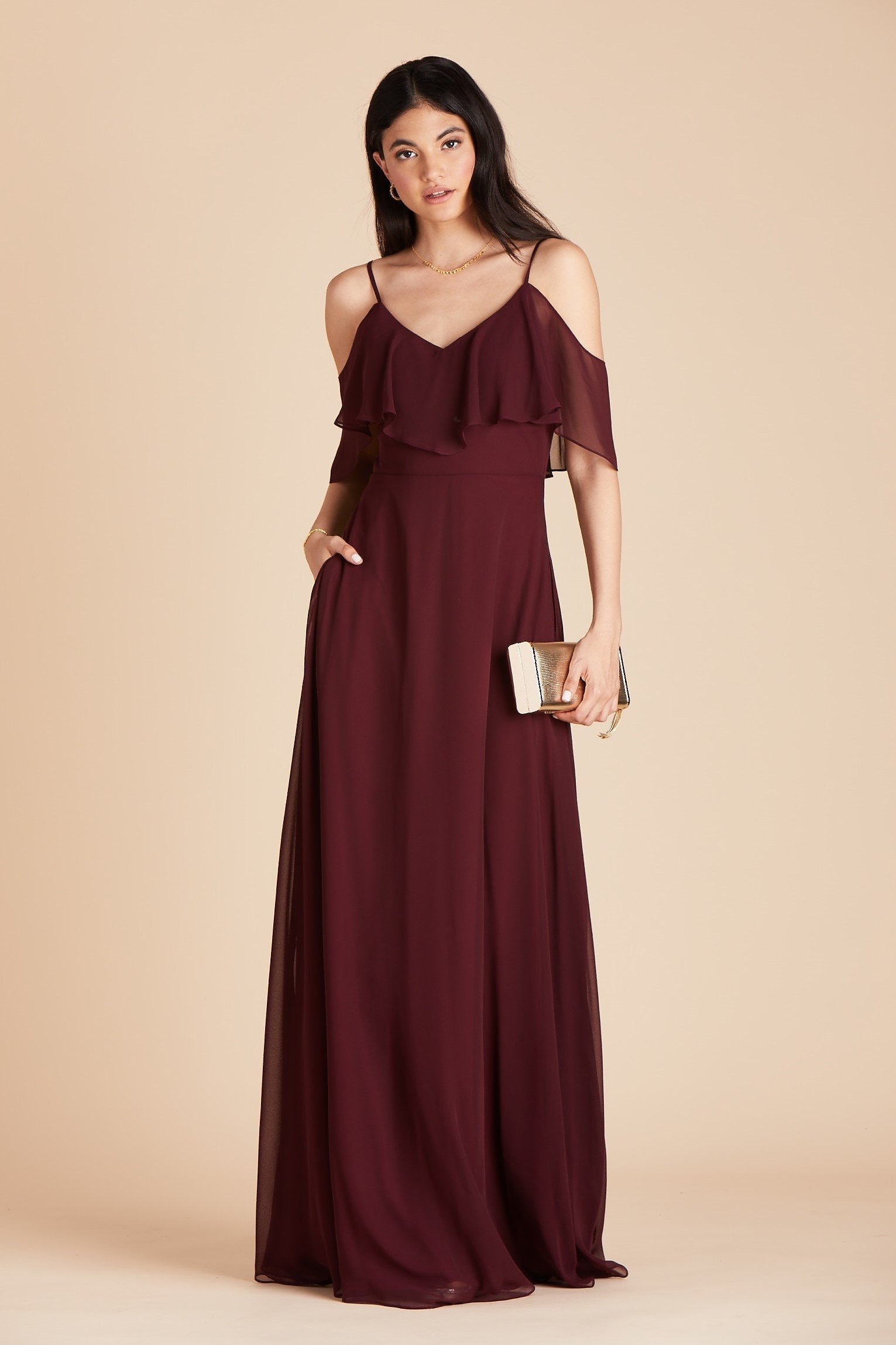 Jane convertible bridesmaid dress with slit in cabernet burgundy chiffon by Birdy Grey, front view with hand in pocket