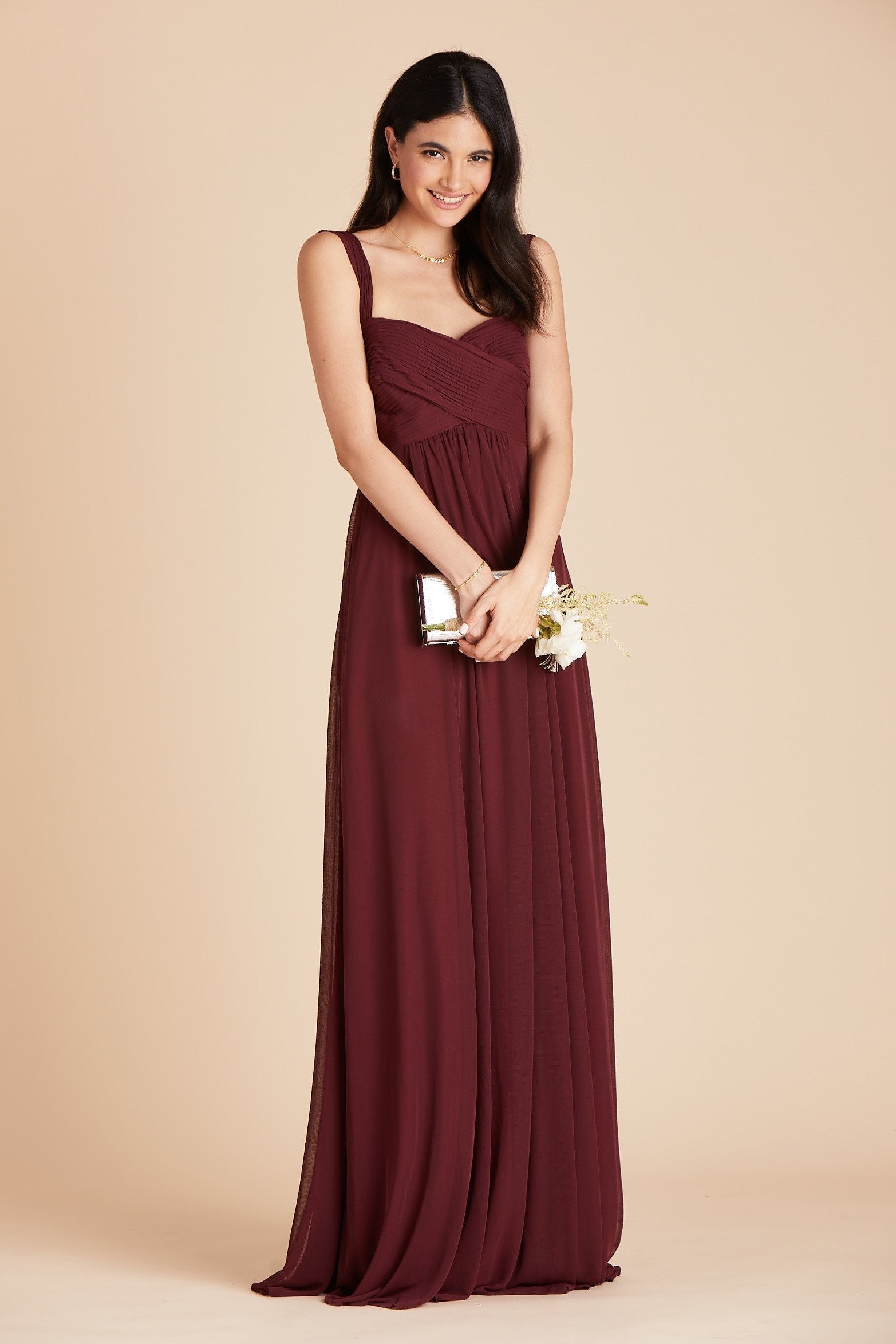 Maria convertible bridesmaids dress in cabernet burgundy chiffon by Birdy Grey, front view