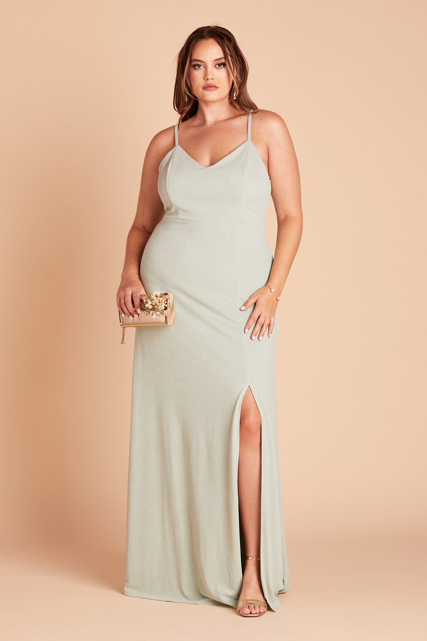 Jay plus size bridesmaid dress with slit in sage green crepe by Birdy Grey, front view