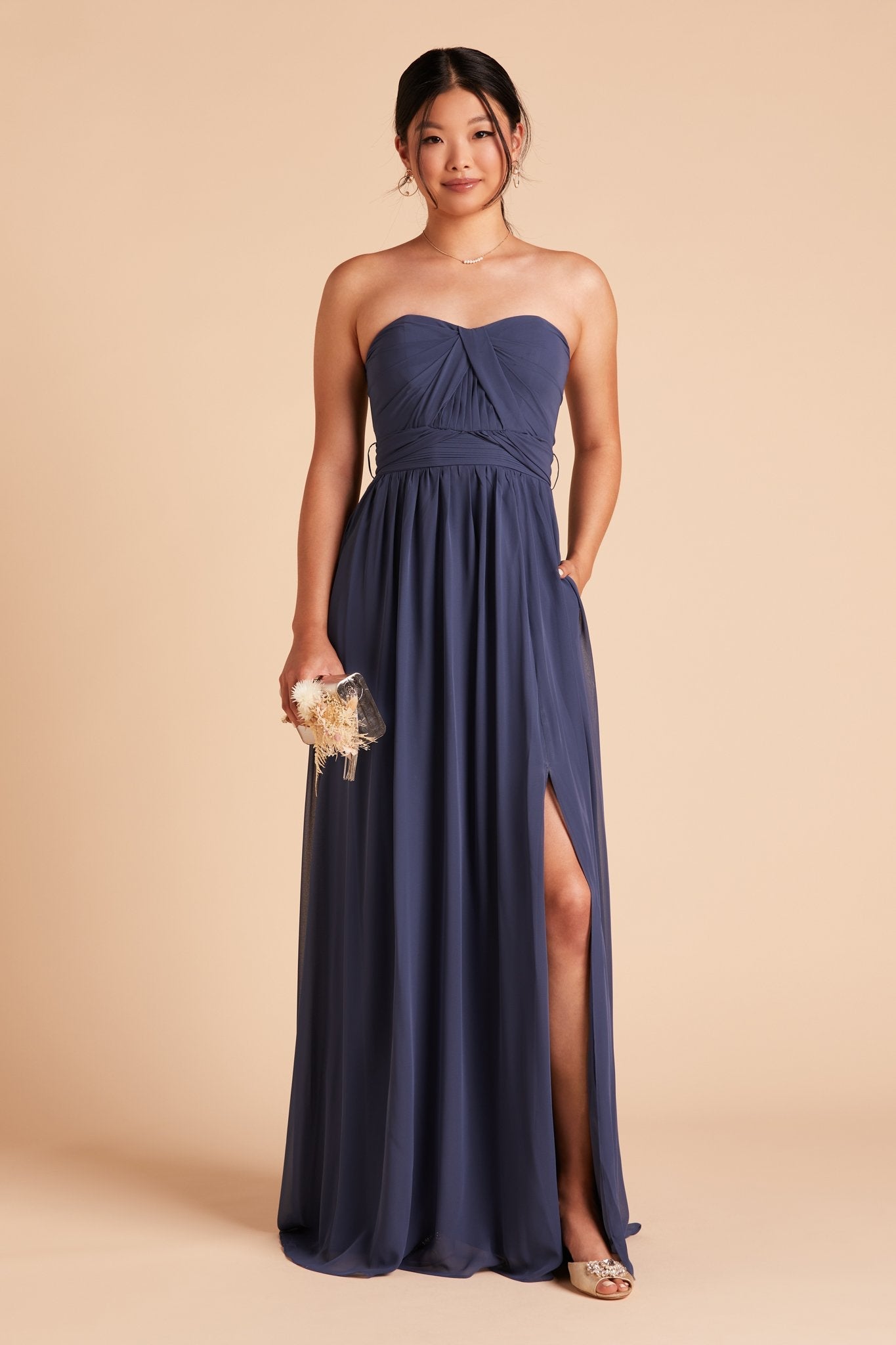 Grace convertible bridesmaid dress with slit in slate blue chiffon by Birdy Grey, front view