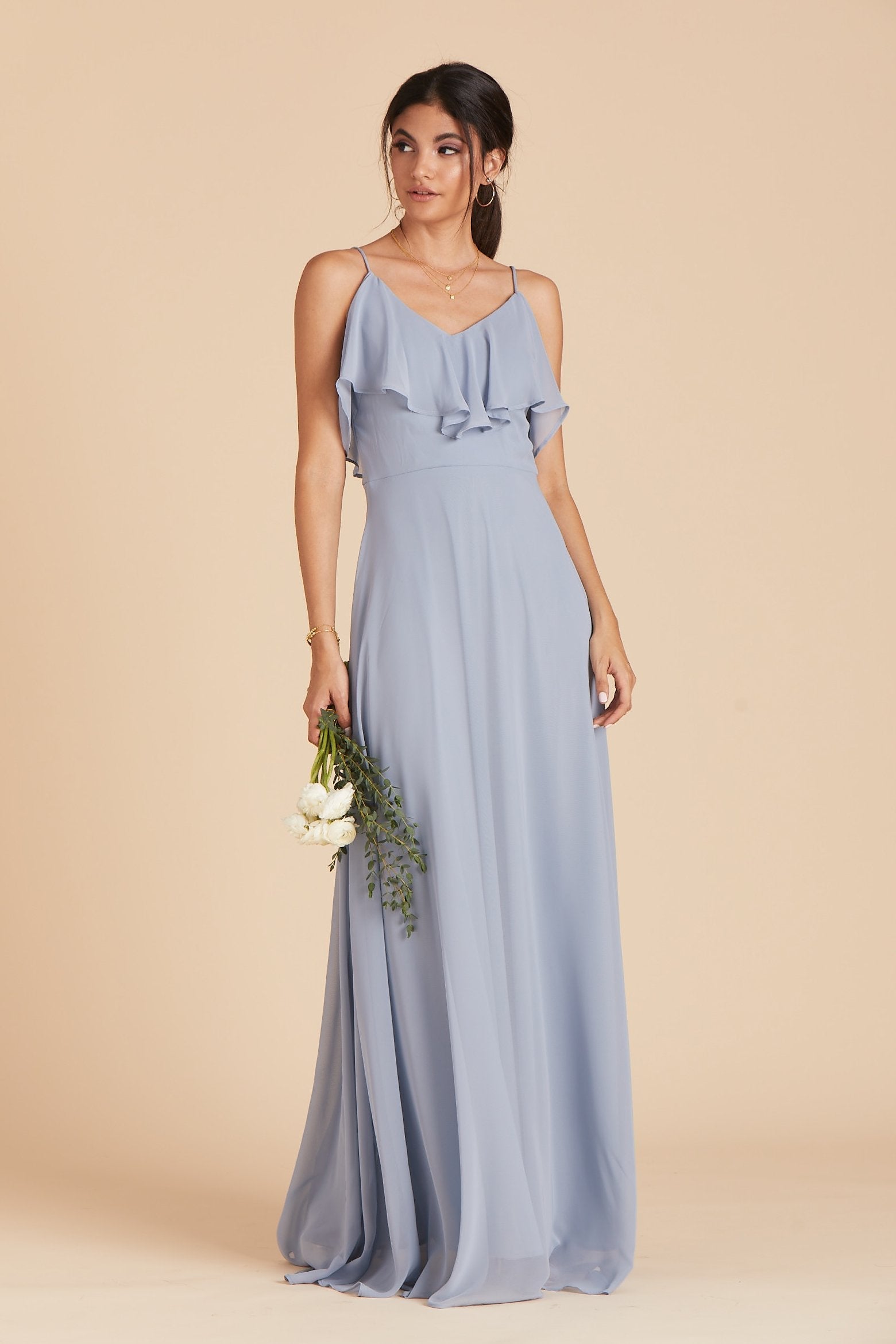 Jane convertible bridesmaid dress in dusty blue chiffon by Birdy Grey, front view