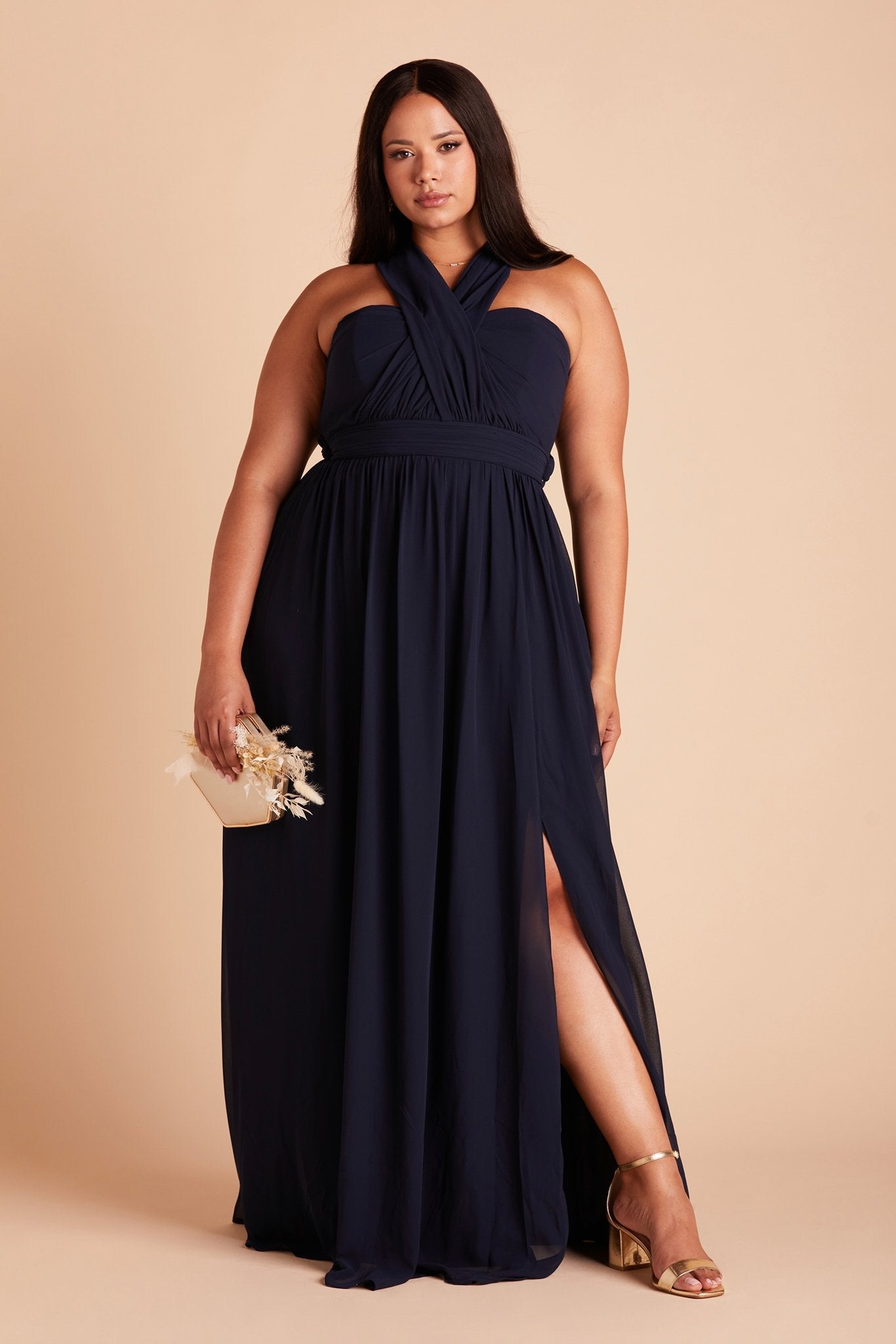 Grace convertible plus size bridesmaid dress in navy blue chiffon by Birdy Grey, front view