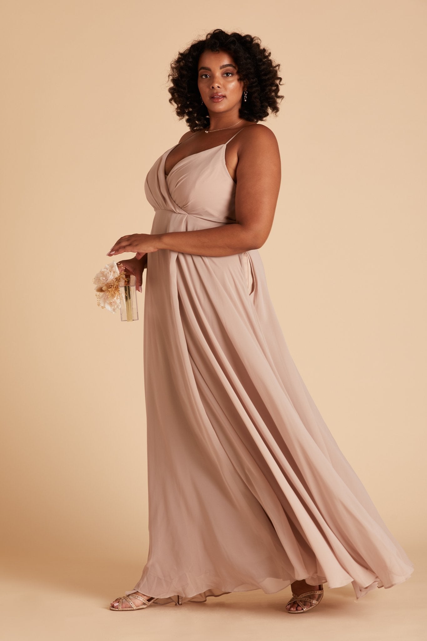 Kaia plus size bridesmaids dress in taupe chiffon by Birdy Grey, side view