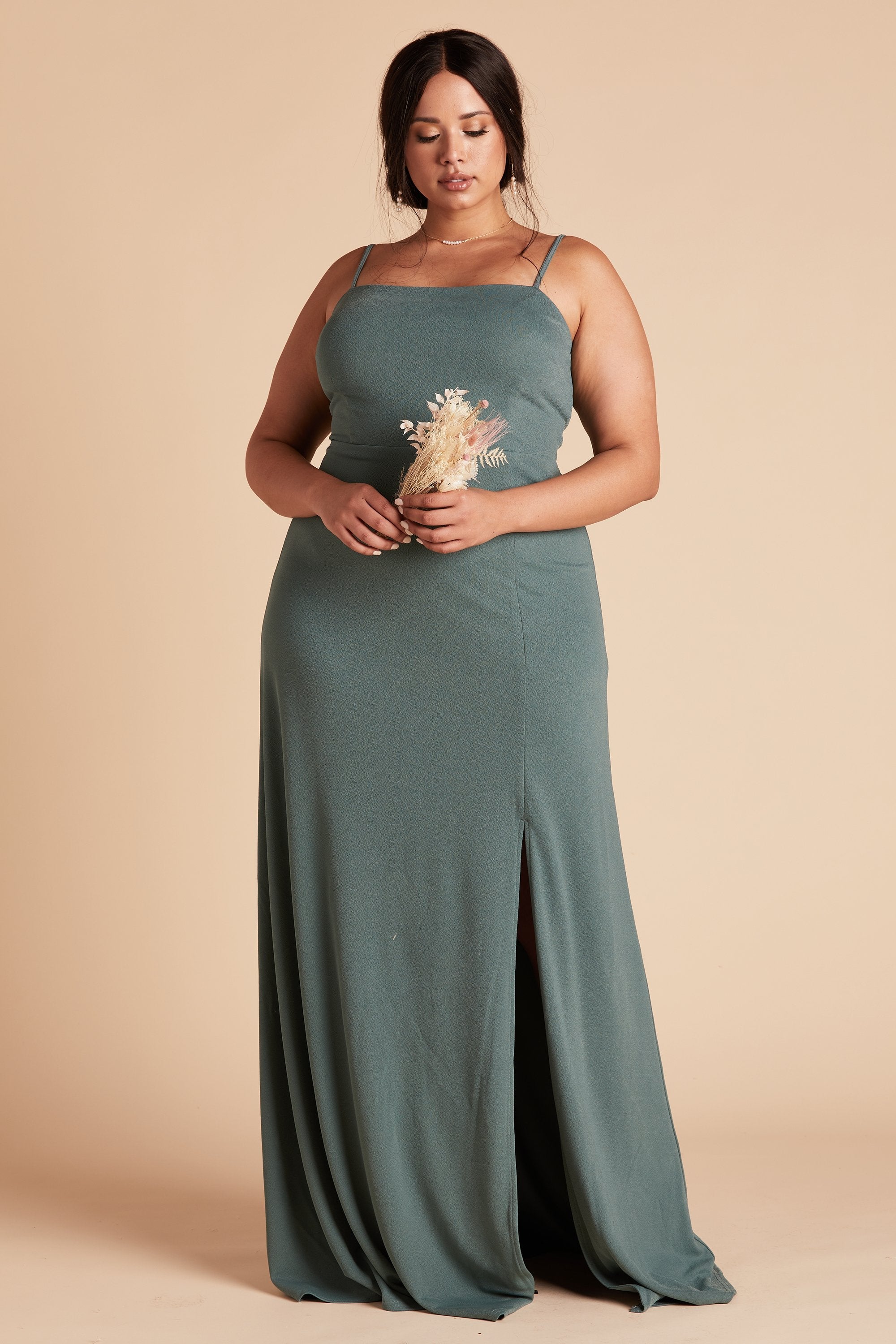 Benny plus size bridesmaid dress with slit in sea glass green chiffon by Birdy Grey, front view