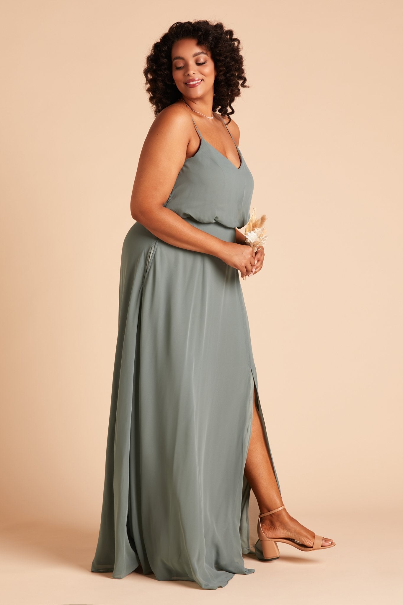 Gwennie plus size bridesmaid dress with slit in sea glass green chiffon by Birdy Grey, side view