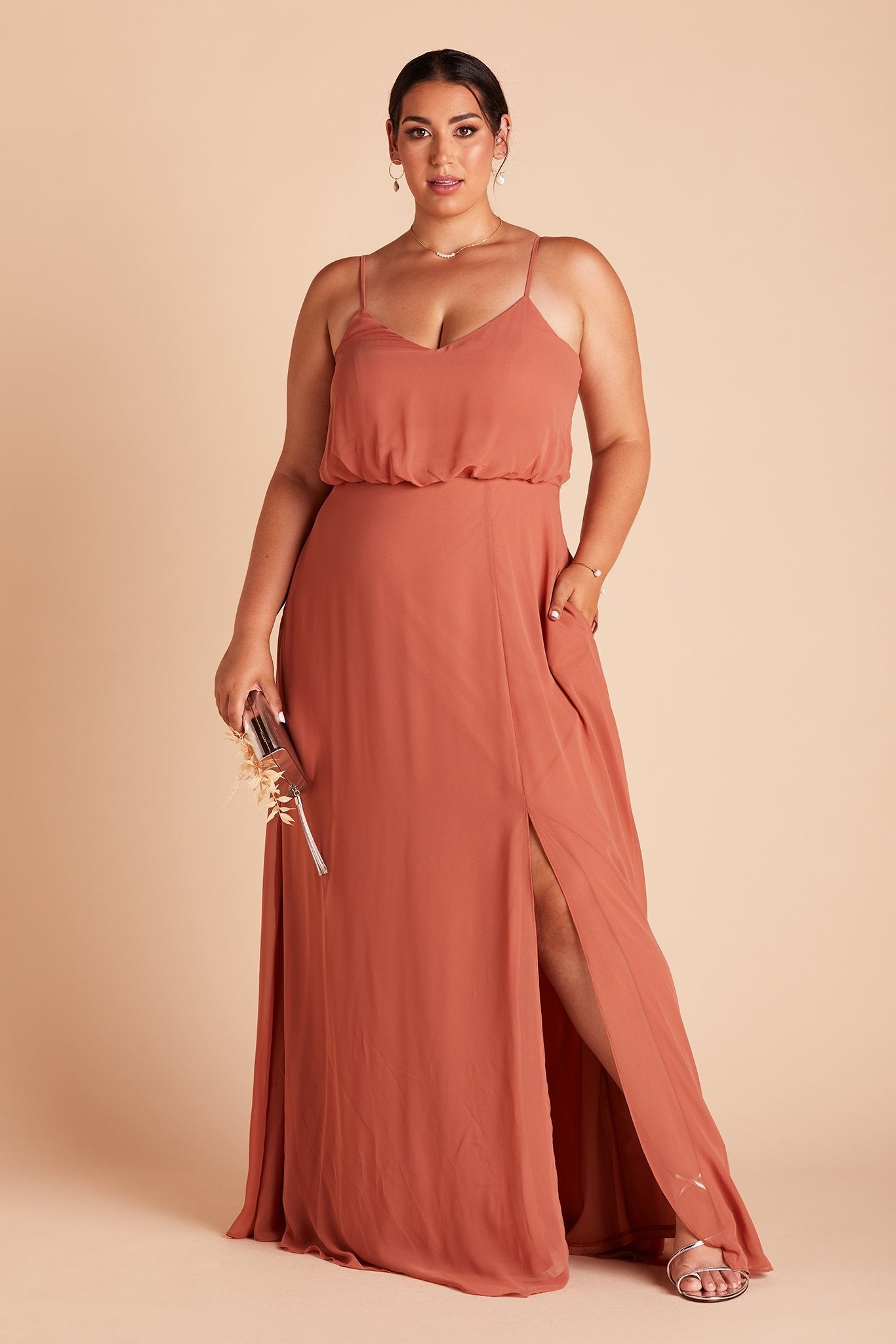 Gwennie plus size bridesmaid dress with slit in terracotta chiffon by Birdy Grey, front view