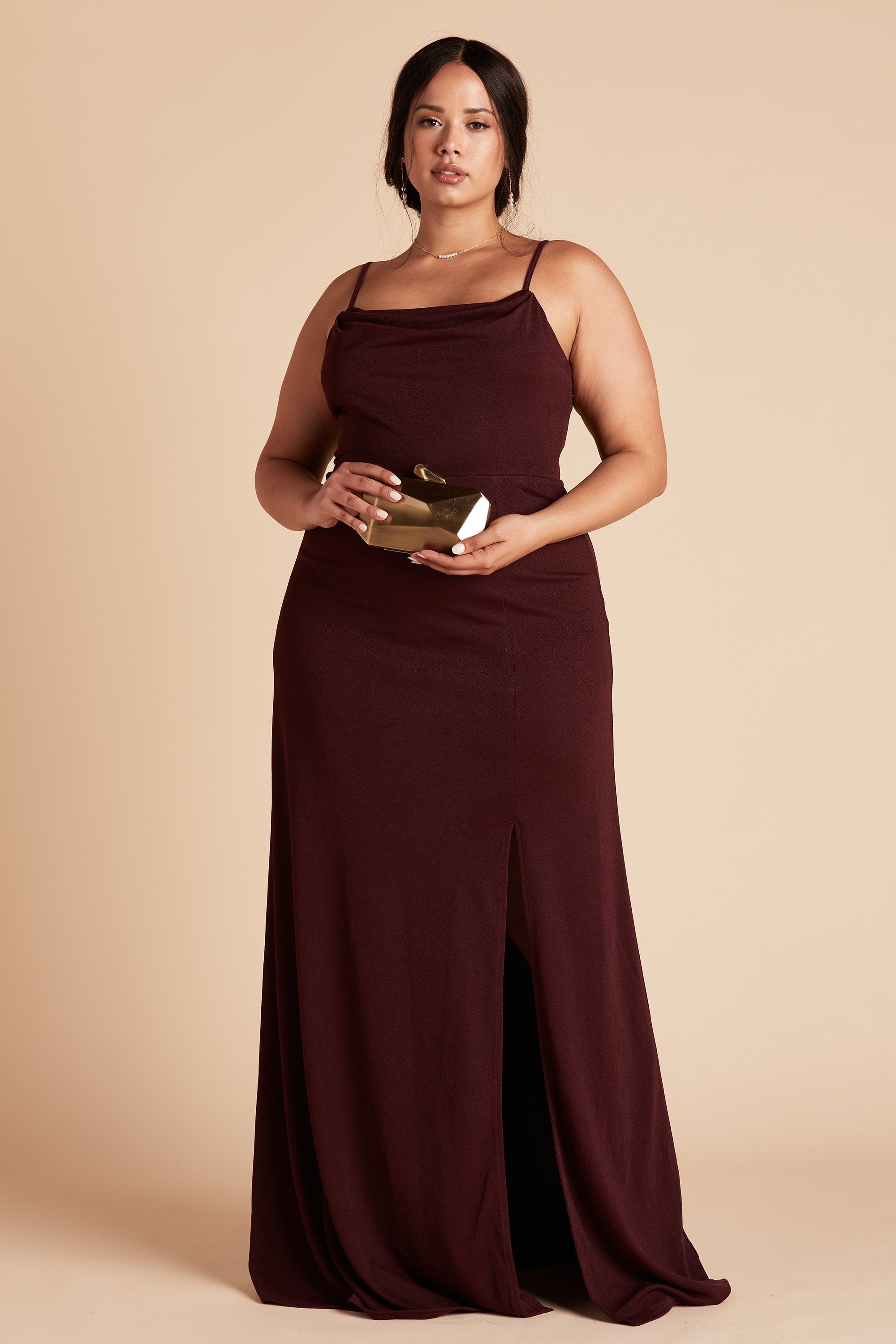 Ash plus size bridesmaid dress with slit in cabernet burgundy crepe by Birdy Grey, front view