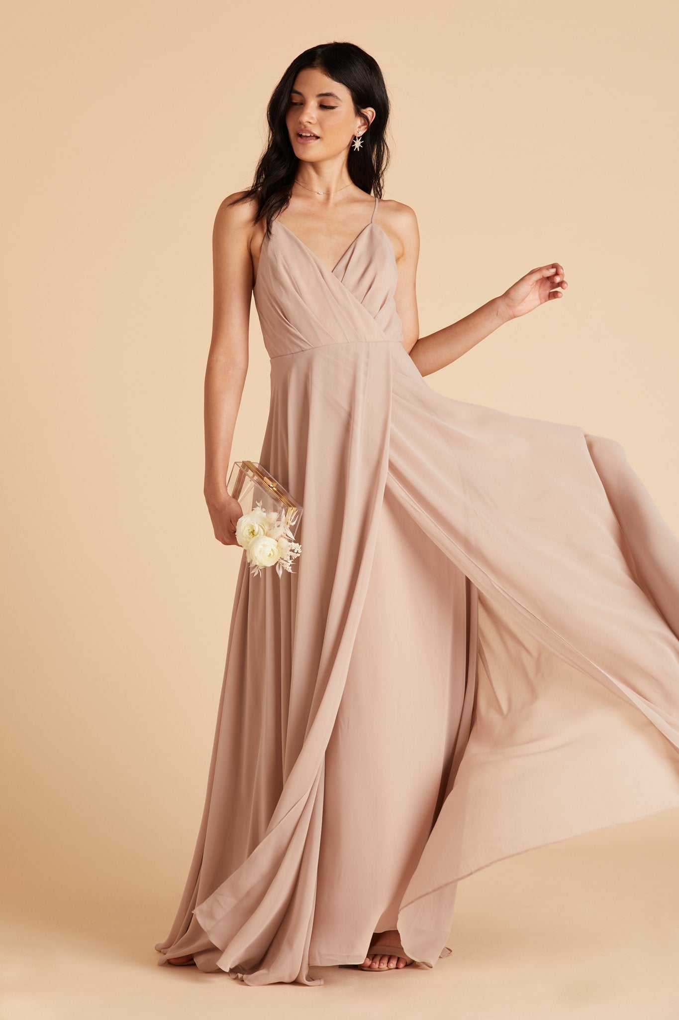 Kaia bridesmaids dress in taupe chiffon by Birdy Grey, front view