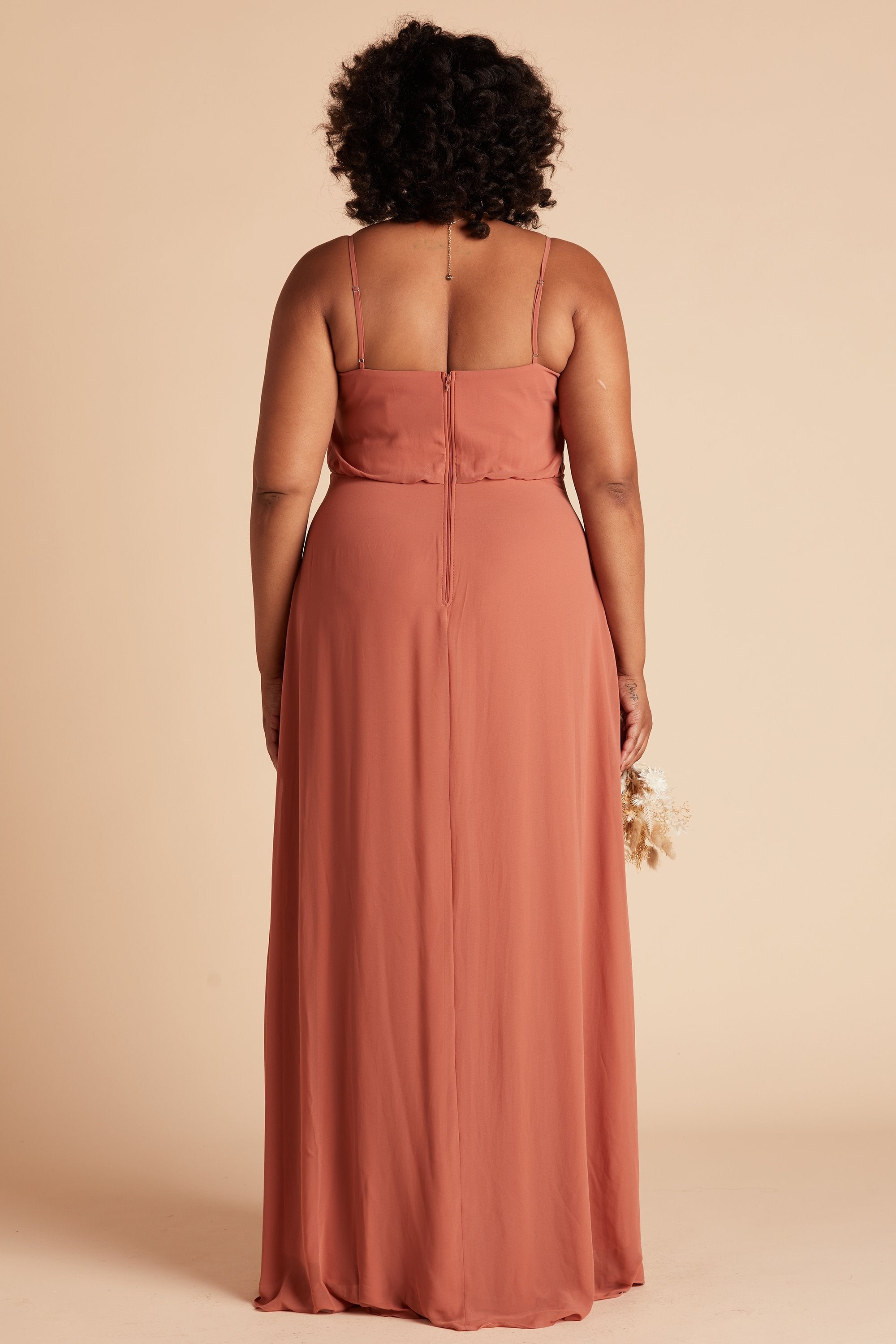 Gwennie plus size bridesmaid dress in terracotta chiffon by Birdy Grey, back view